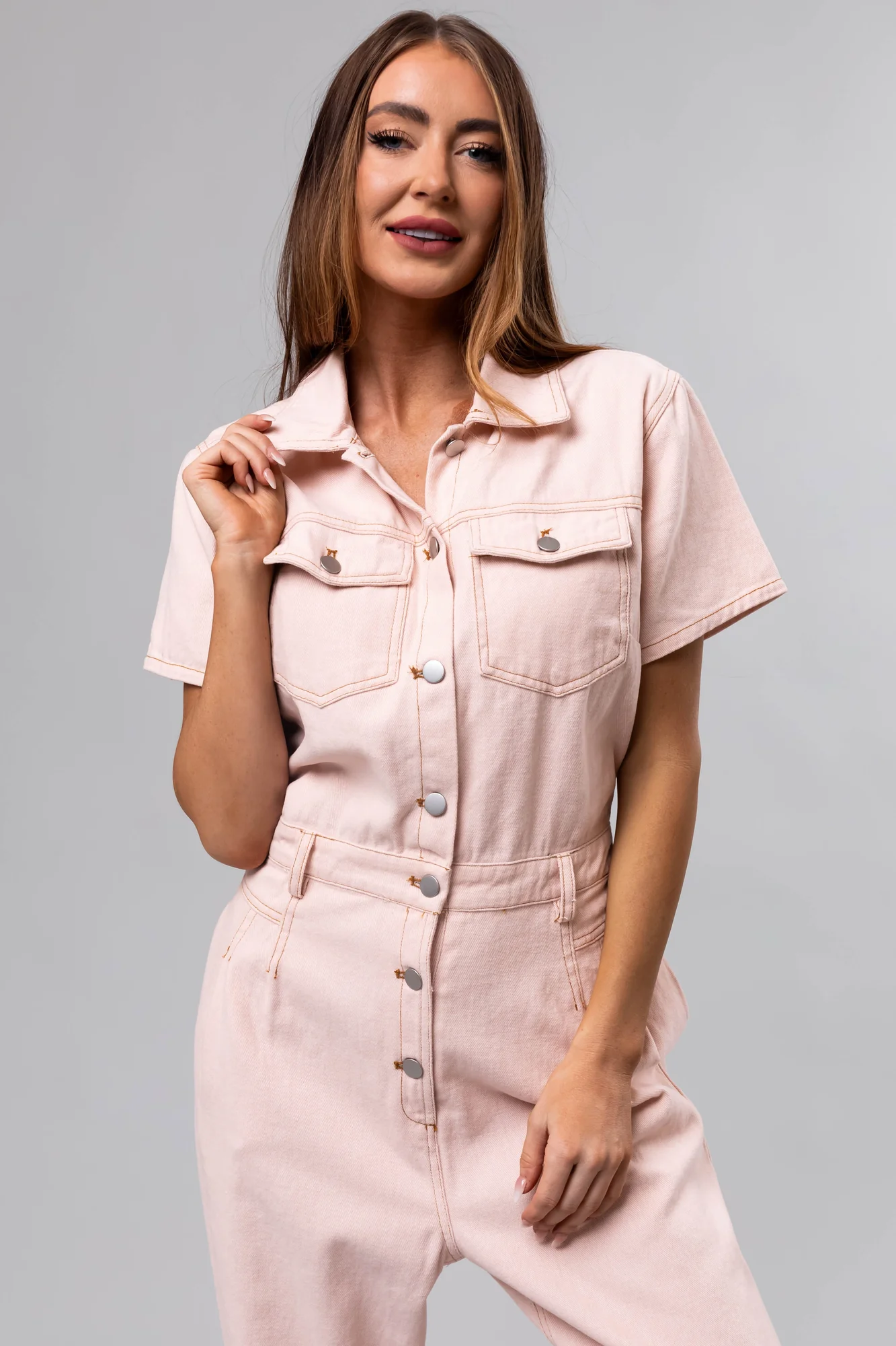 Pink Denim Belted Short Sleeve Jumpsuit