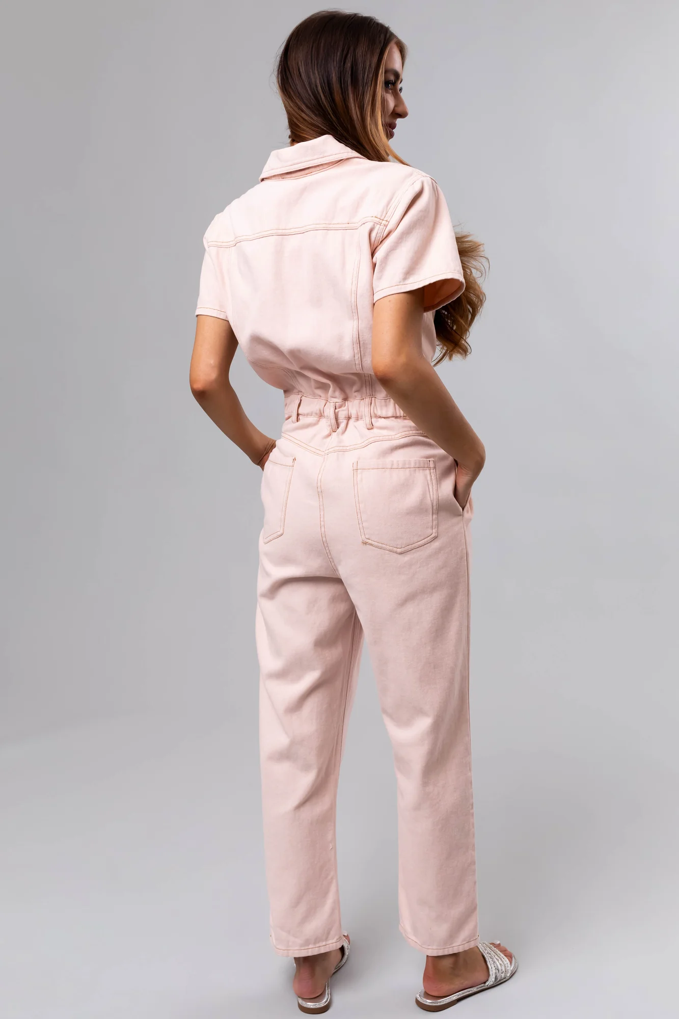 Pink Denim Belted Short Sleeve Jumpsuit