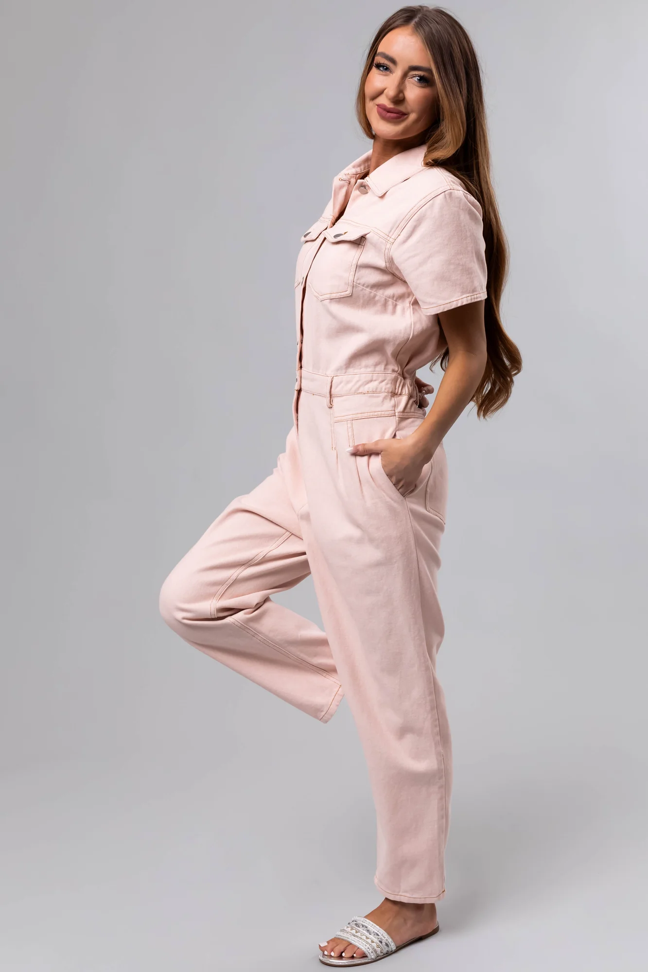 Pink Denim Belted Short Sleeve Jumpsuit
