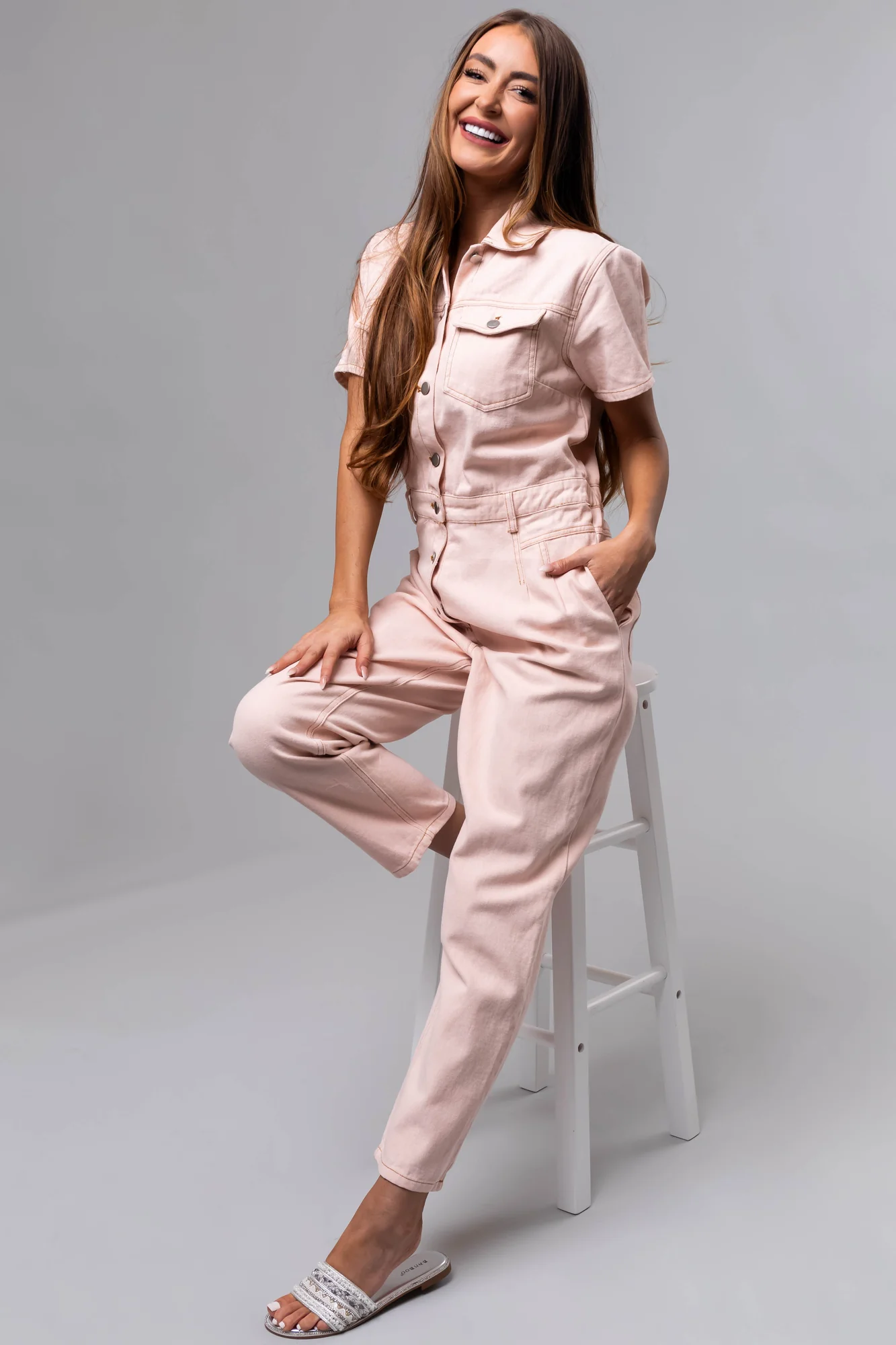 Pink Denim Belted Short Sleeve Jumpsuit
