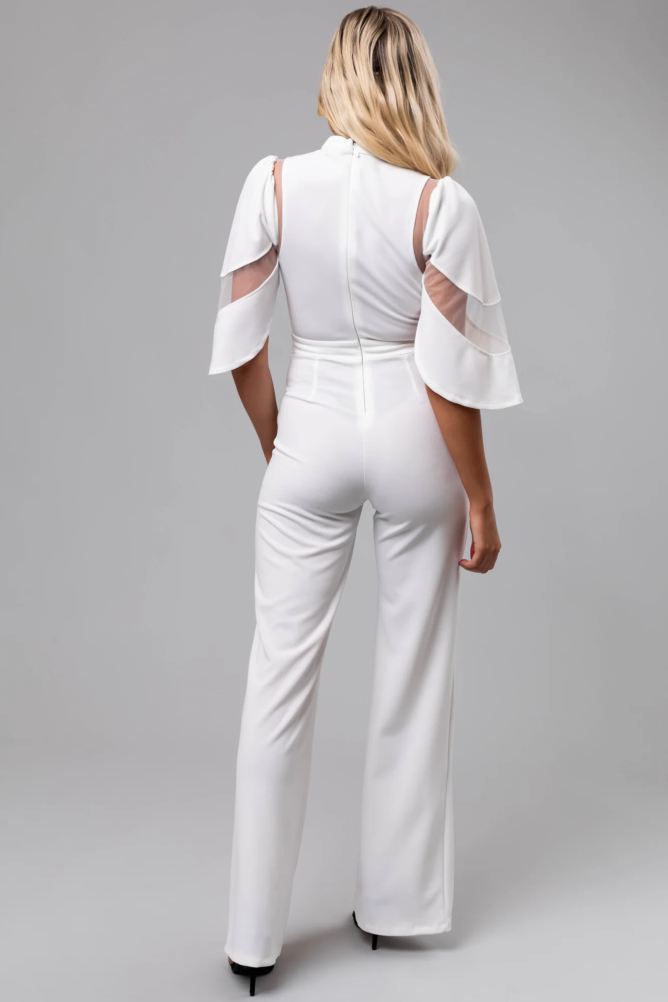 White Sheer Detail Jumpsuit - Flutter Sleeve Half Length