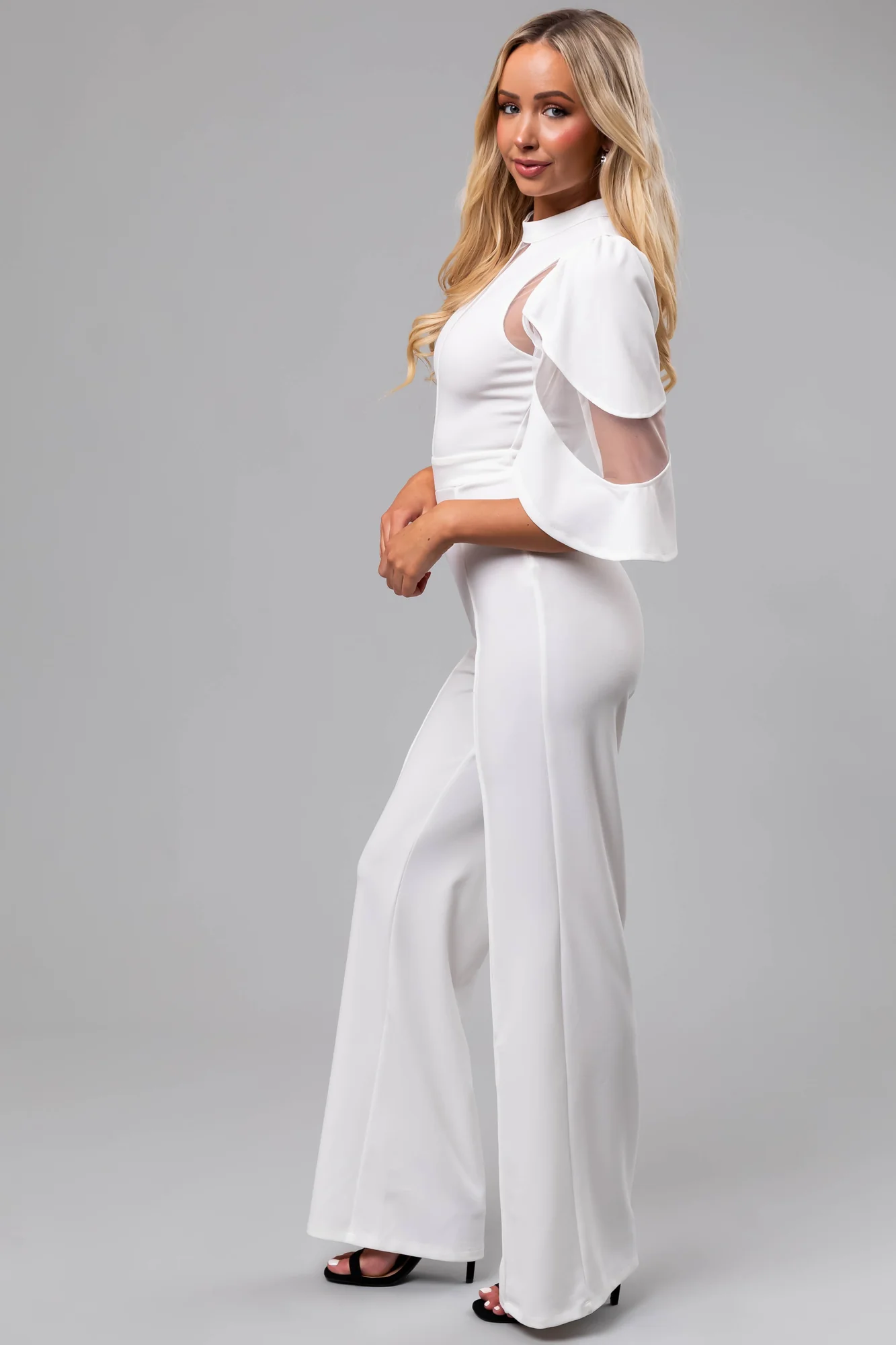 White Sheer Detail Jumpsuit - Flutter Sleeve Half Length