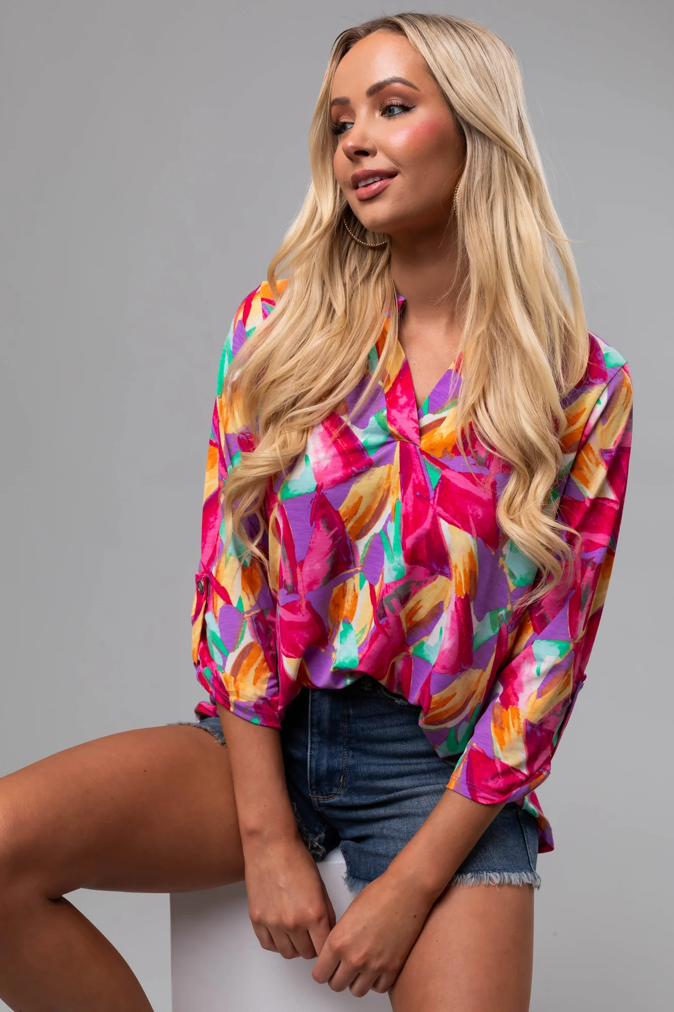 Abstract Print 3/4 Sleeve Blouse in Multicolor (S M L Sizes)