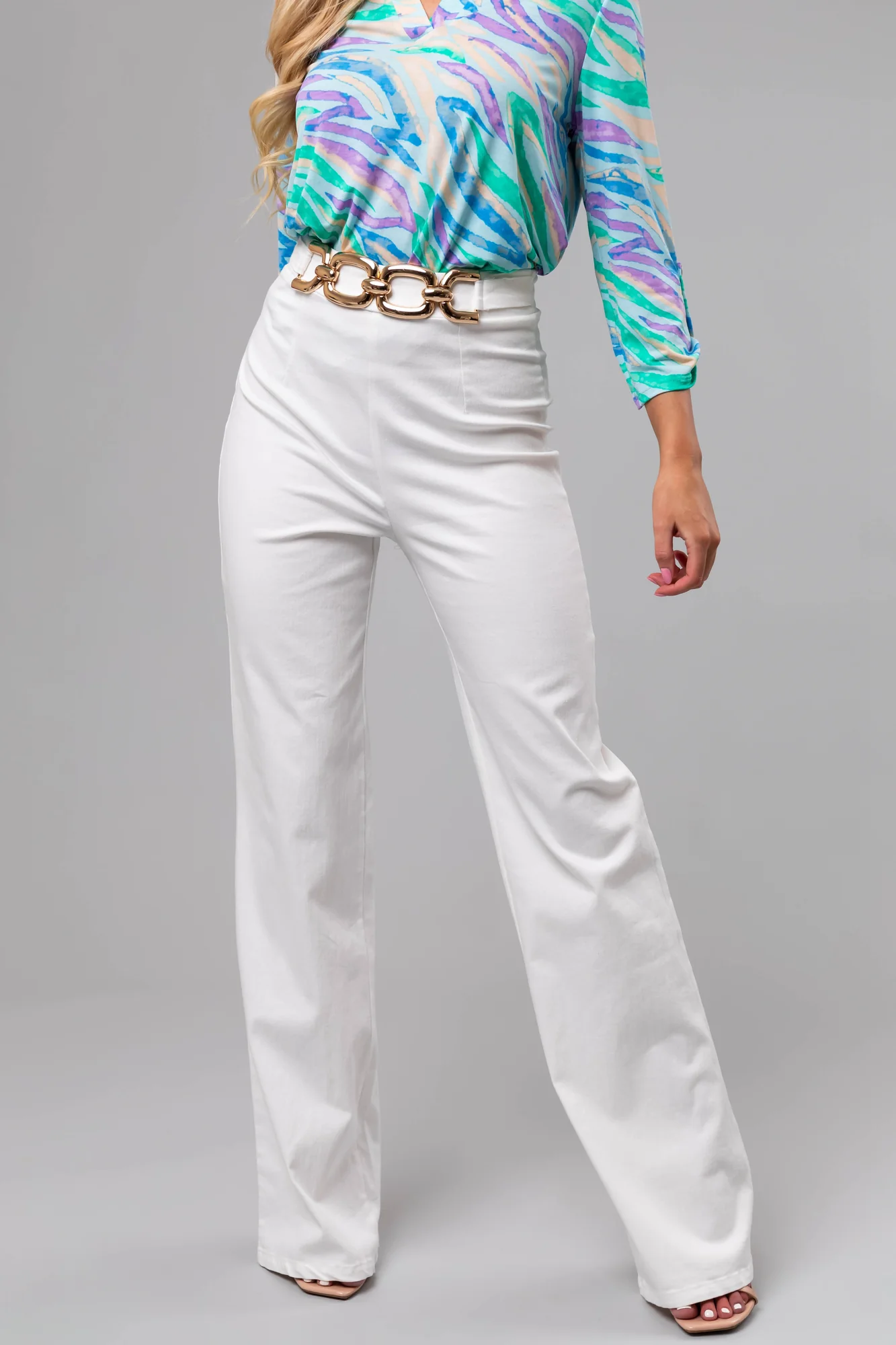 White Denim Wide Leg Pants with Gold Belt Detail