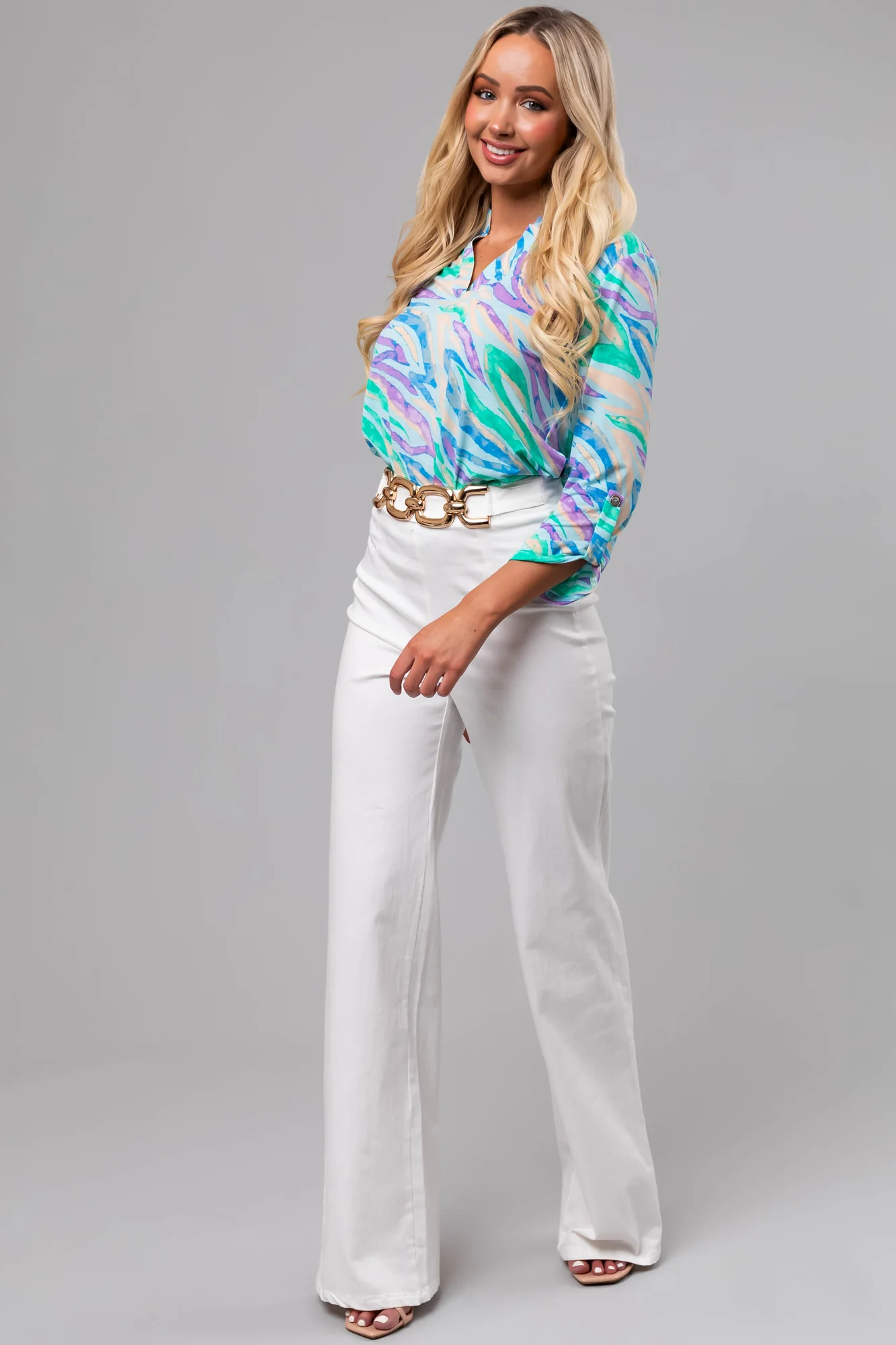 White Denim Wide Leg Pants with Gold Belt Detail