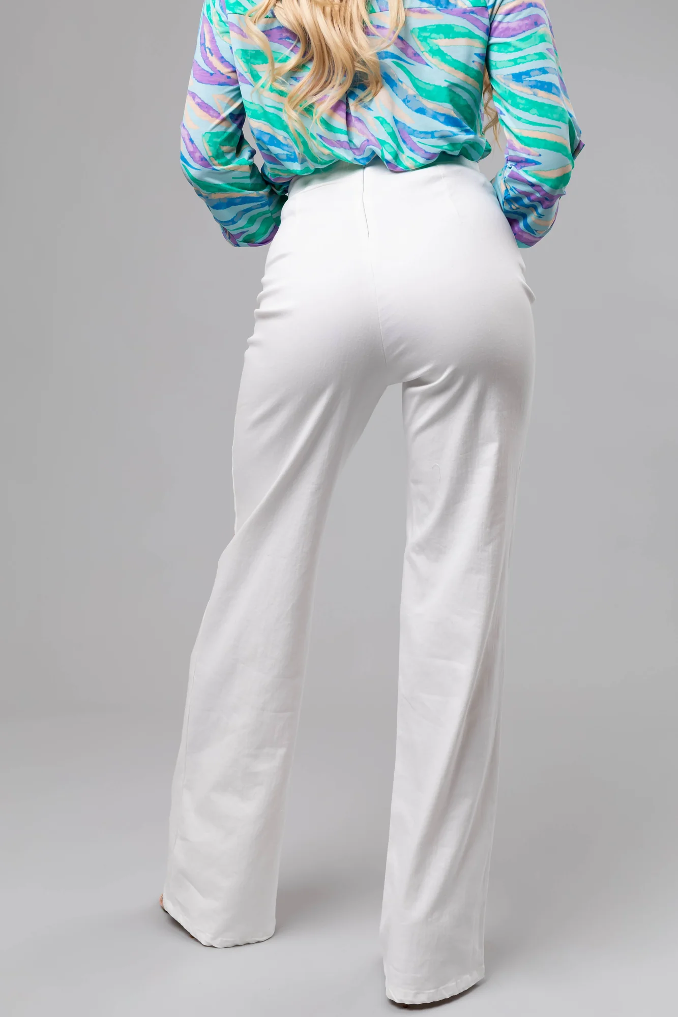 White Denim Wide Leg Pants with Gold Belt Detail
