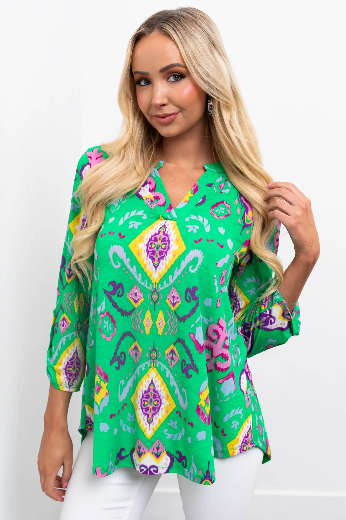 Kelly Green Abstract Print 3/4 Sleeve Blouse