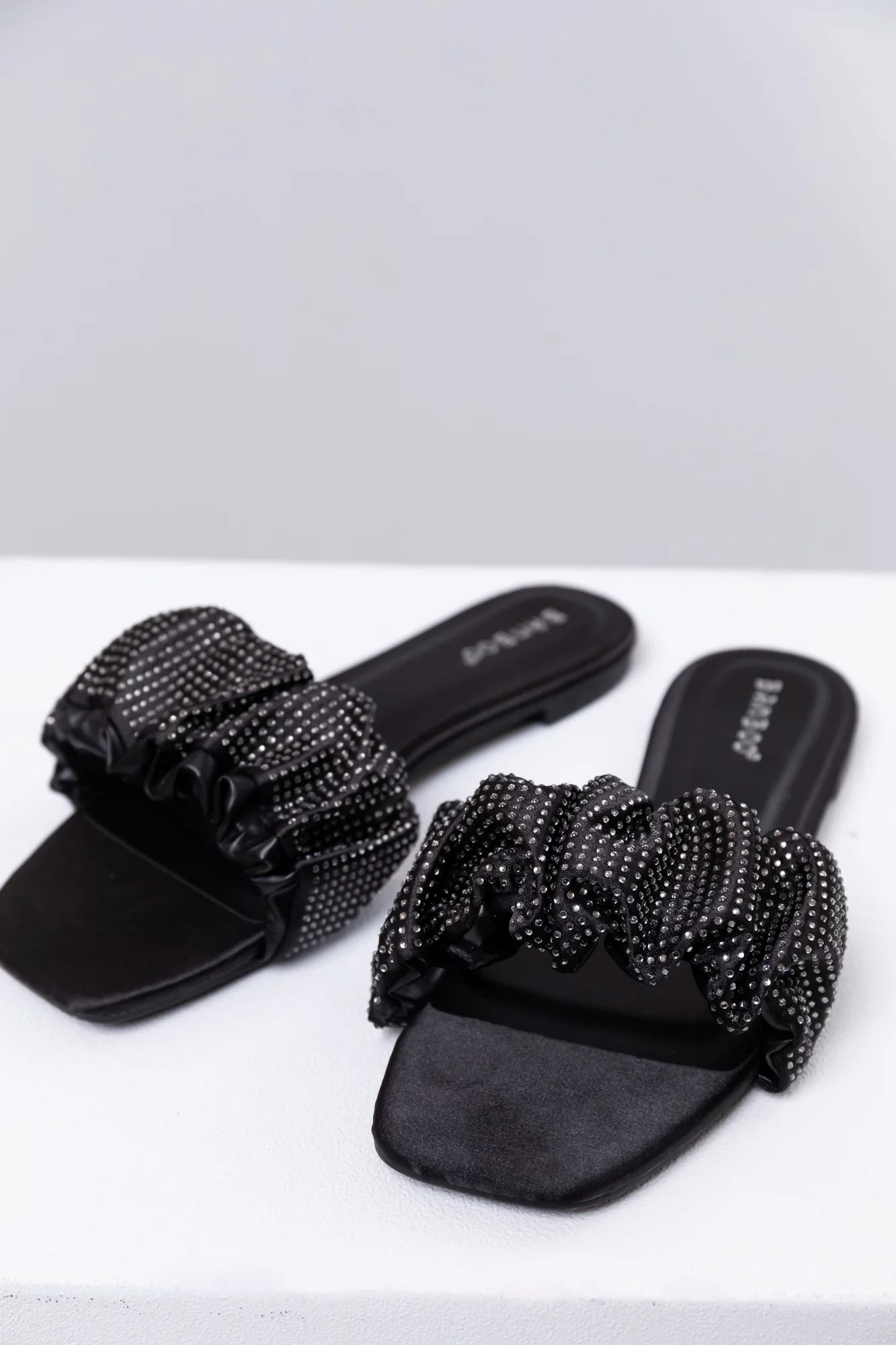 Black Satin Rhinestone Strap Sandals - Elegant Slip-On Shoes