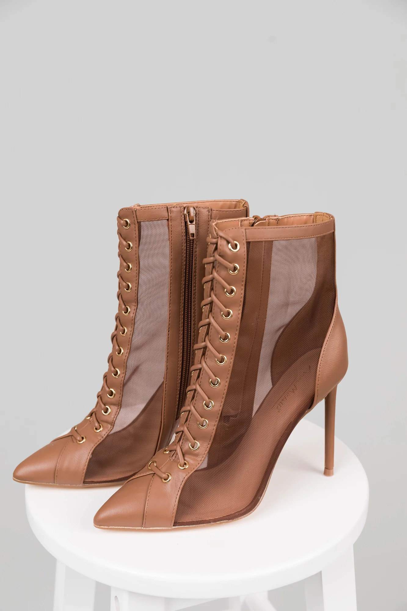 Brown Mesh Lace-Up Stiletto Boots