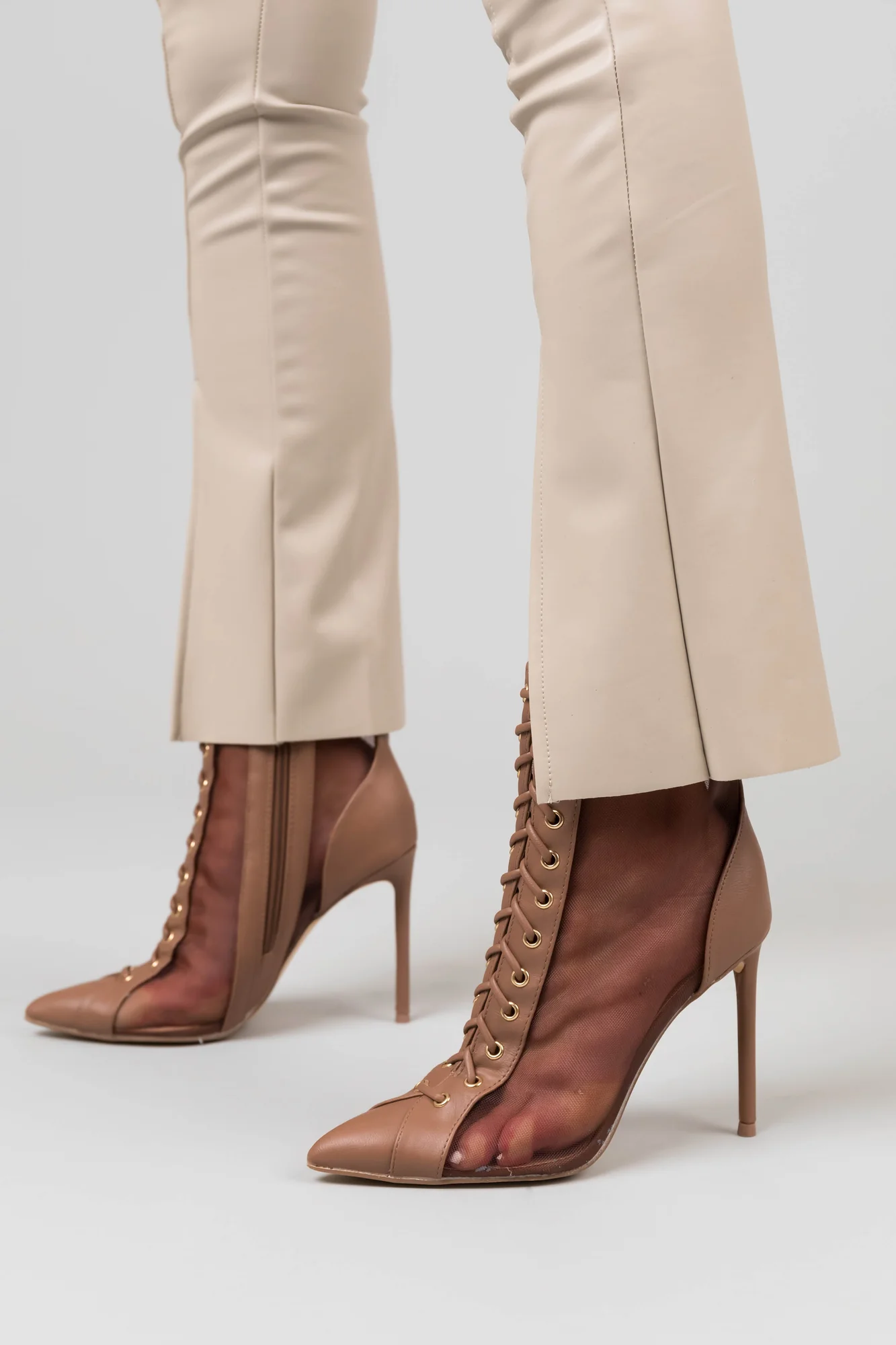 Brown Mesh Lace-Up Stiletto Boots