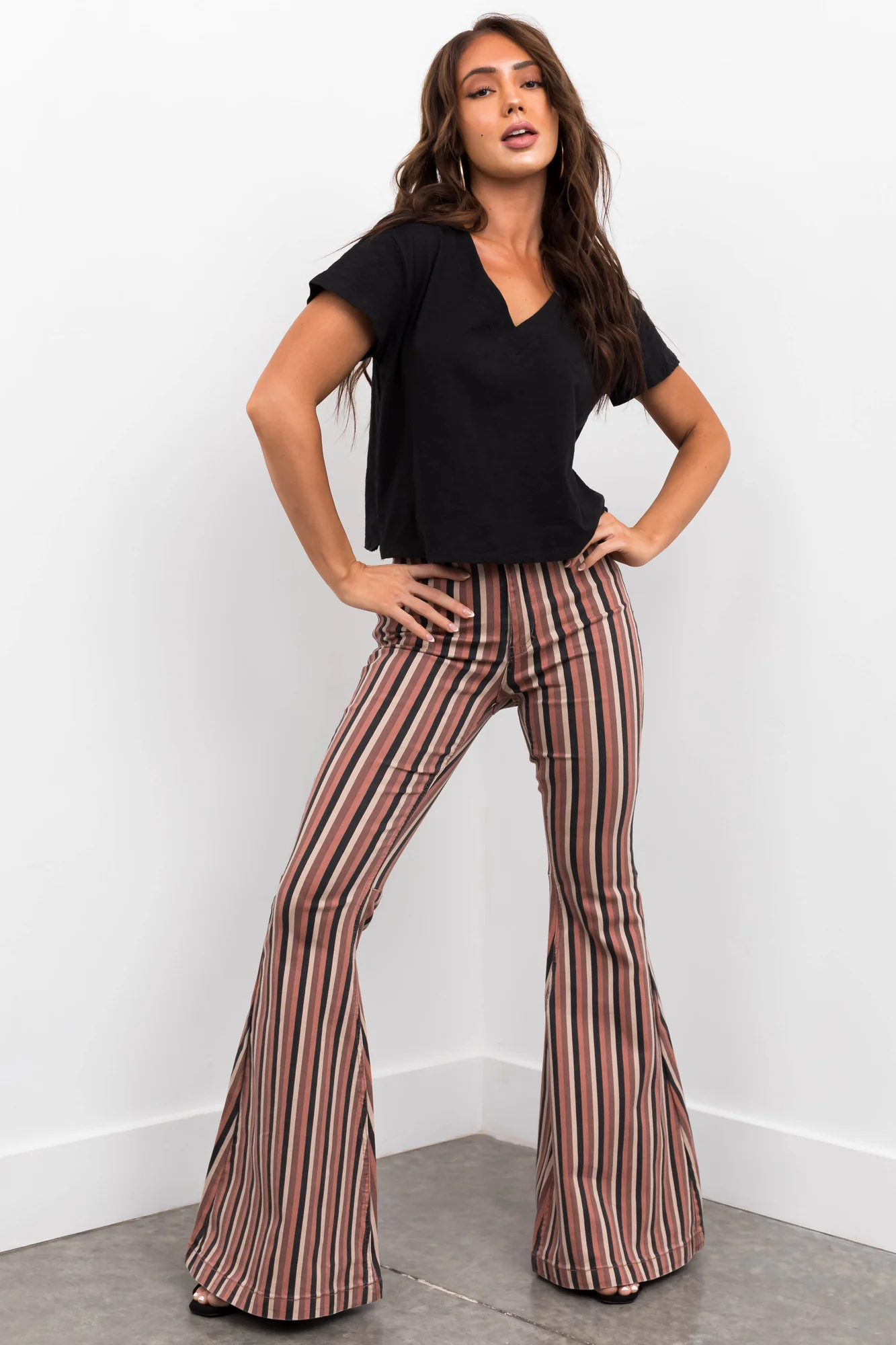 Rose Taupe Striped Flared Jeans - High Rise Stretchy Denim Pants