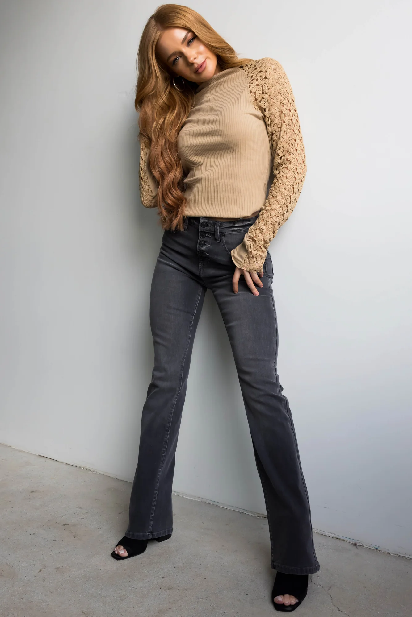 Charcoal High Rise Button Fly Denim Bootcut Jeans