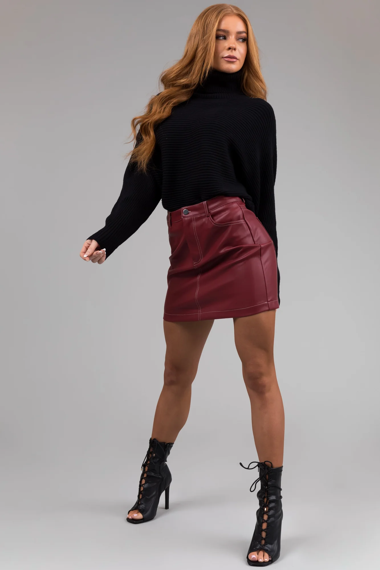 Burgundy Pleather High Waisted Mini Skirt