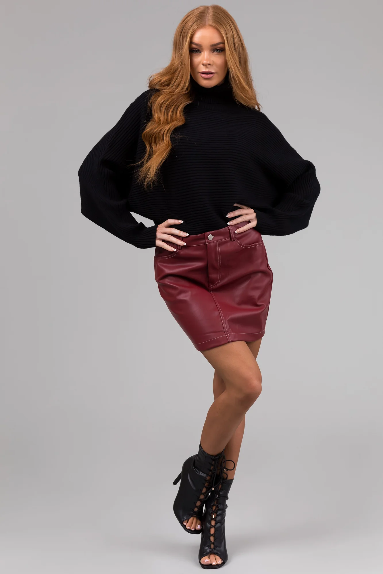 Burgundy Pleather High Waisted Mini Skirt