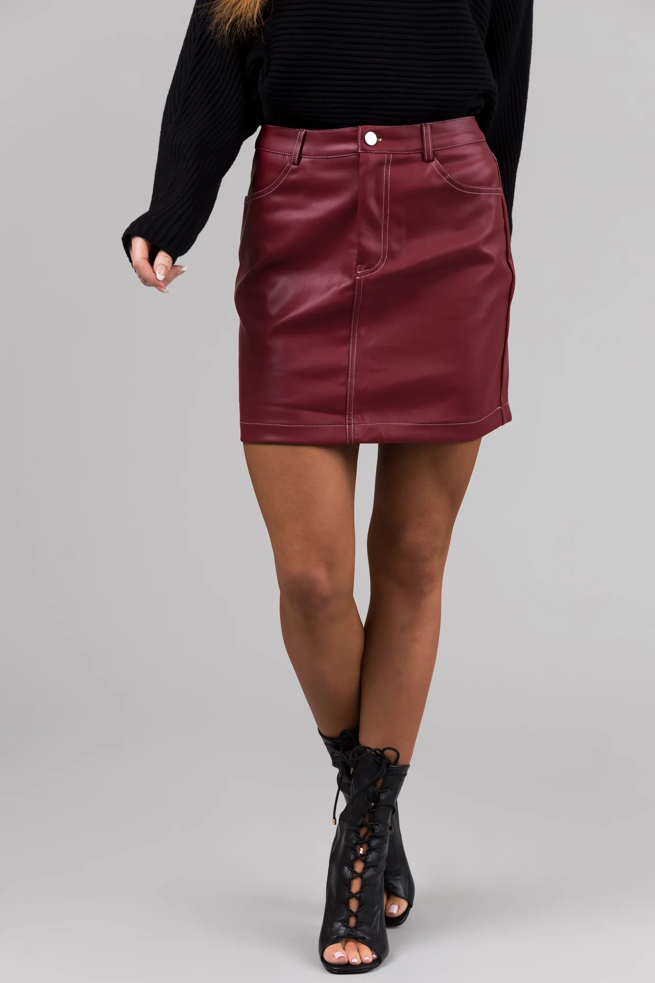 Burgundy Pleather High Waisted Mini Skirt