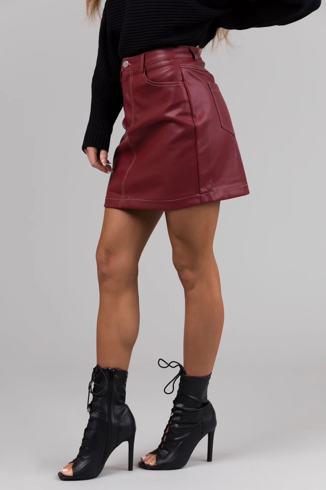 Burgundy Pleather High Waisted Mini Skirt