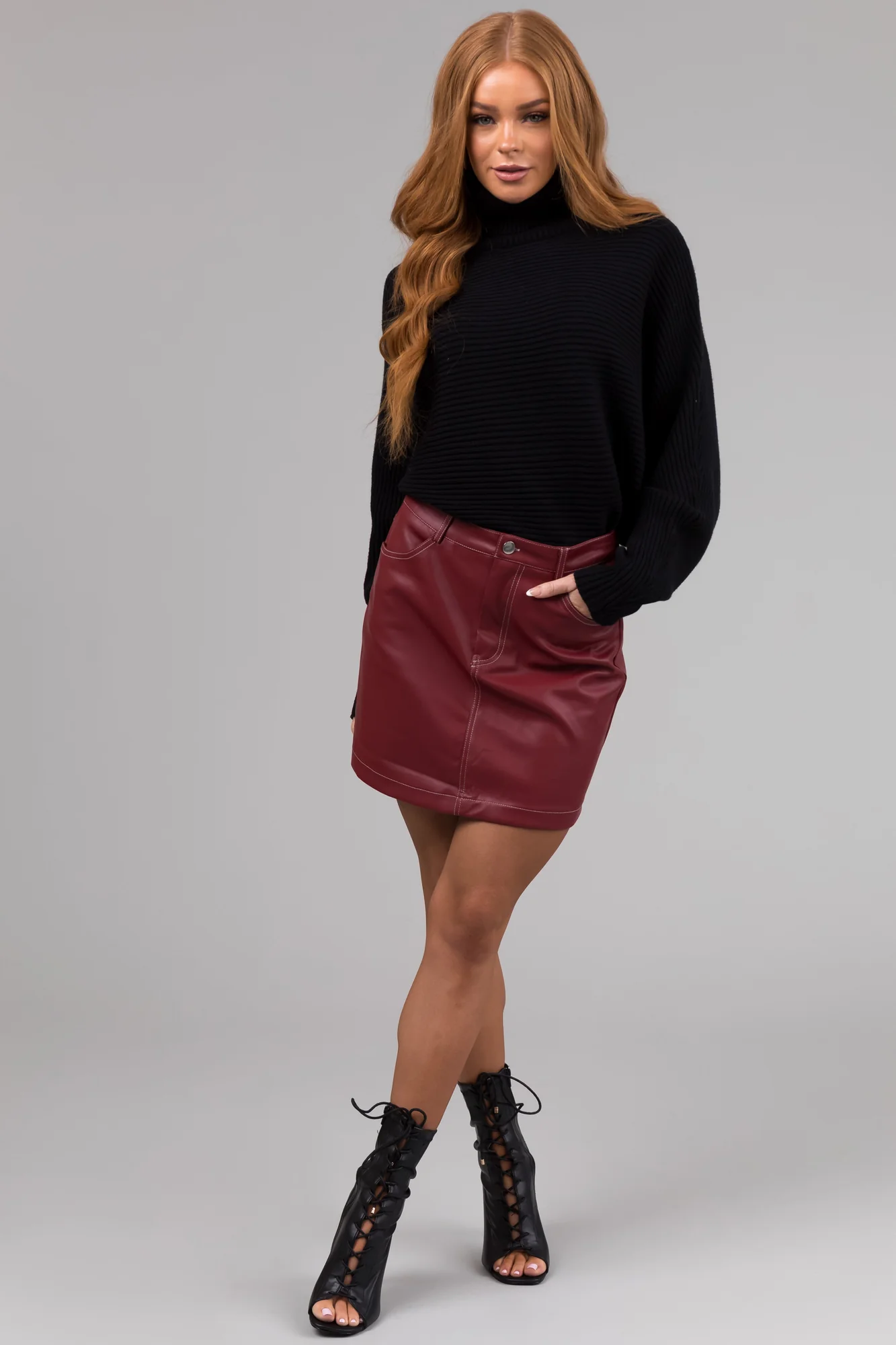 Burgundy Pleather High Waisted Mini Skirt