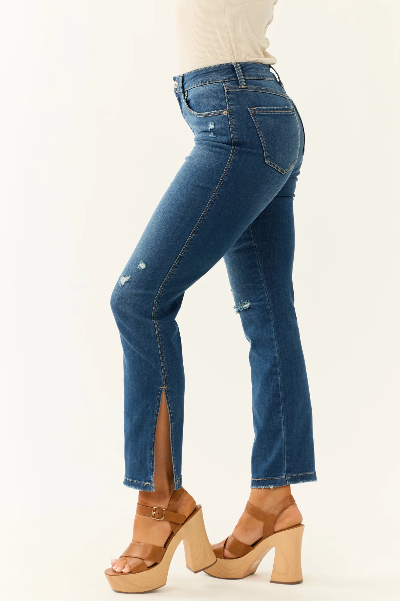Mid Wash Distressed High Rise Straight Leg Jeans