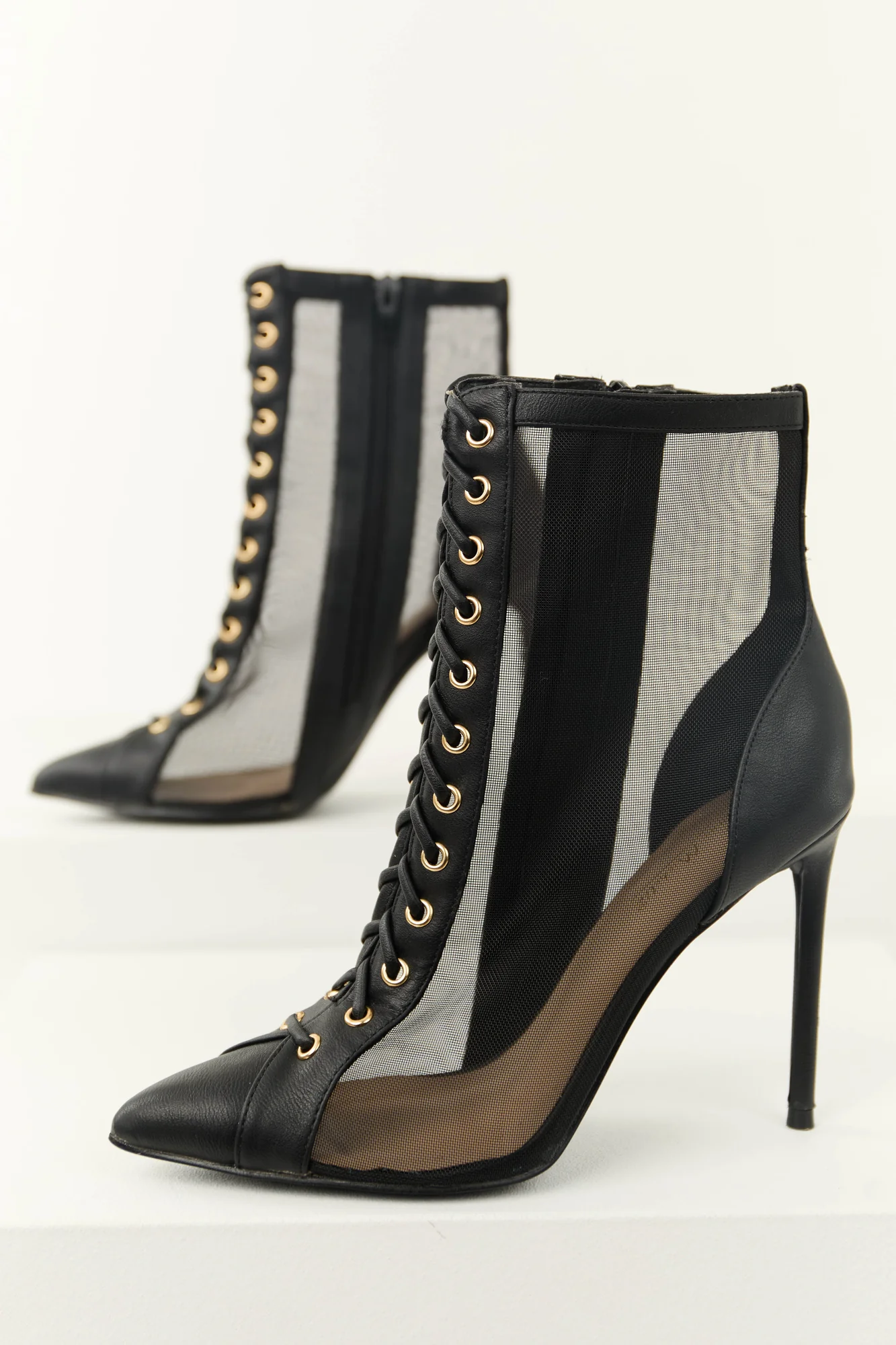 Black Lace-Up Stiletto Booties - Elegant Mesh High Heel Shoes