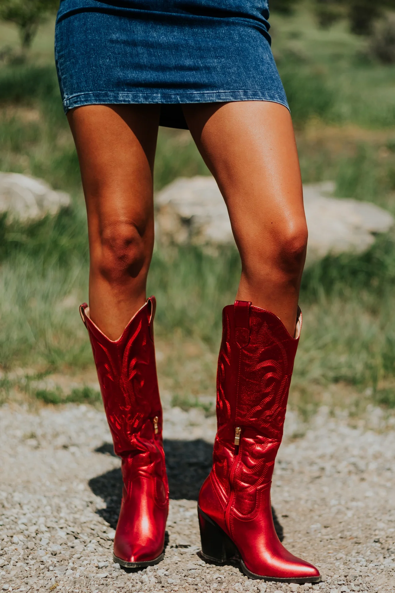 Red Faux Leather Western Boots - Stylish Metallic Shoes for Women