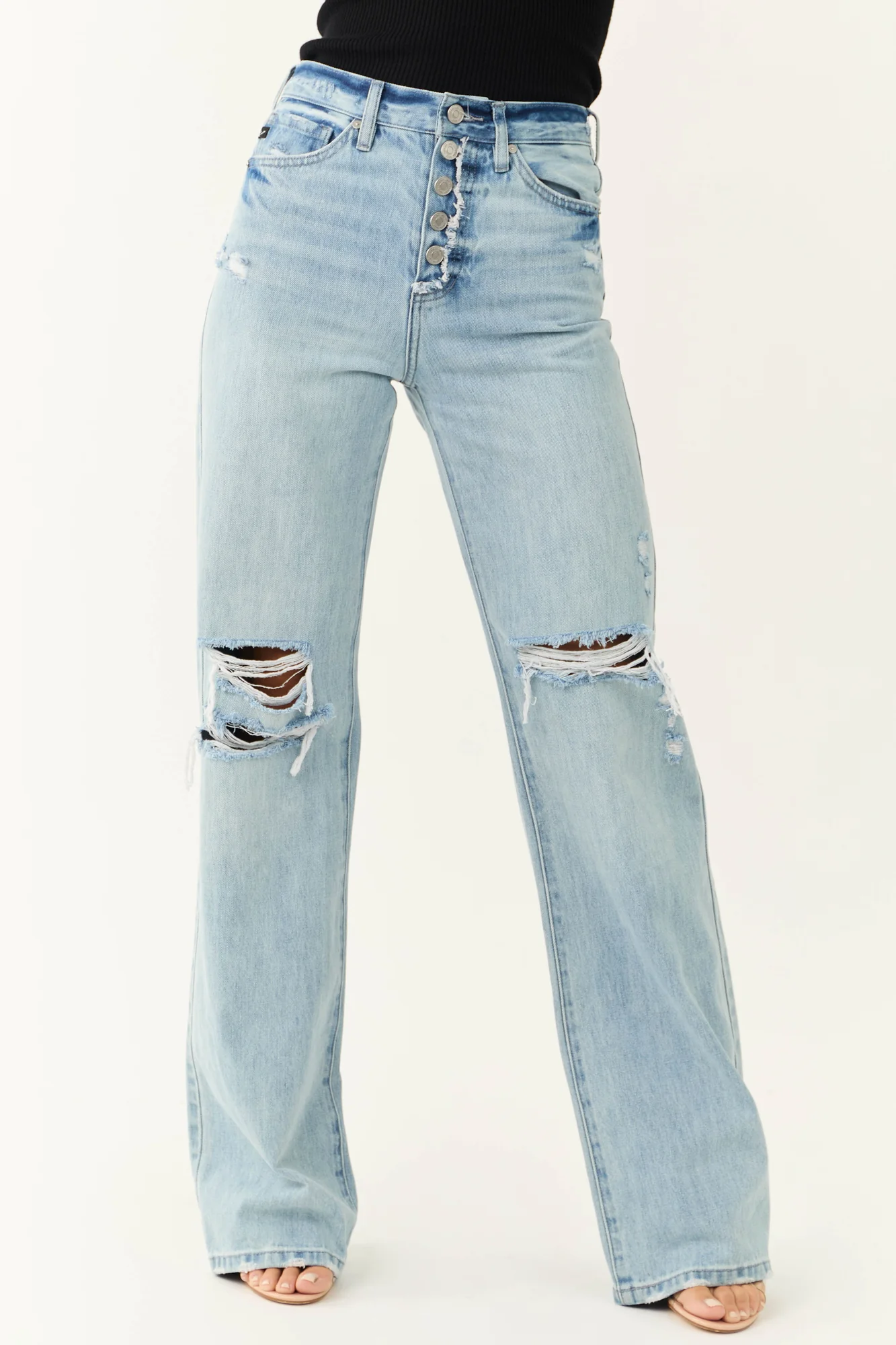 Light Wash Distressed Button Fly Wide Leg Jeans