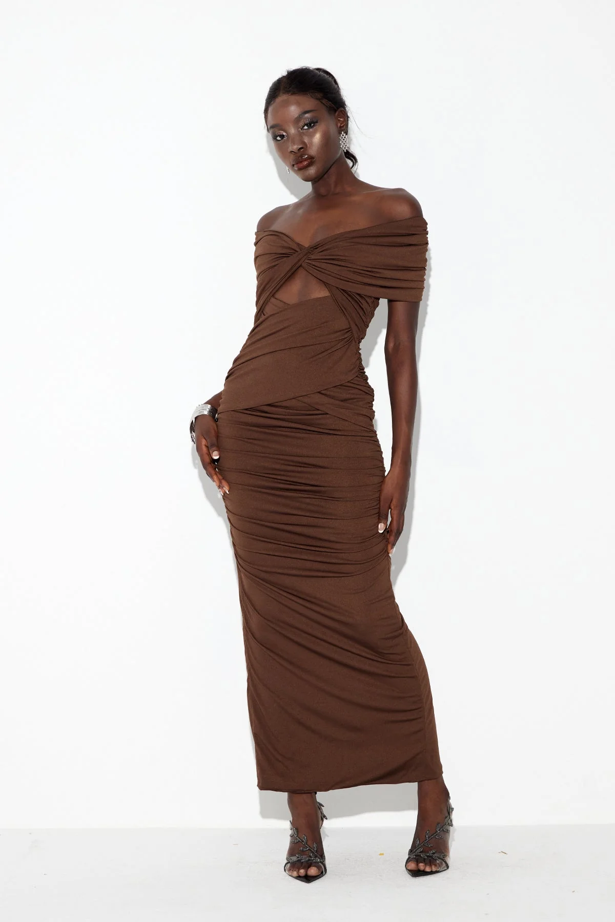 Brown Ruched Maxi Dress with Cutout Detail