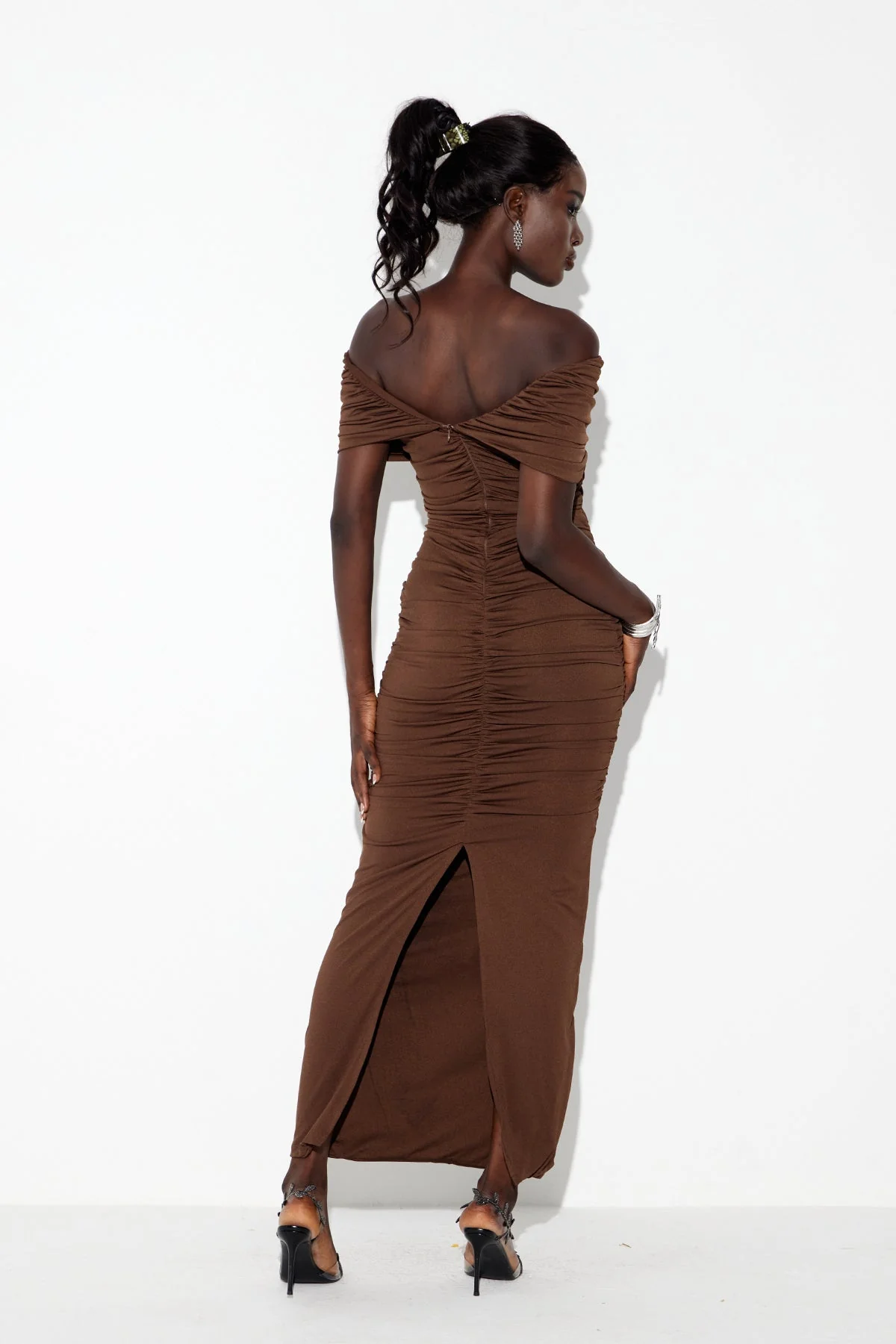 Brown Ruched Maxi Dress with Cutout Detail