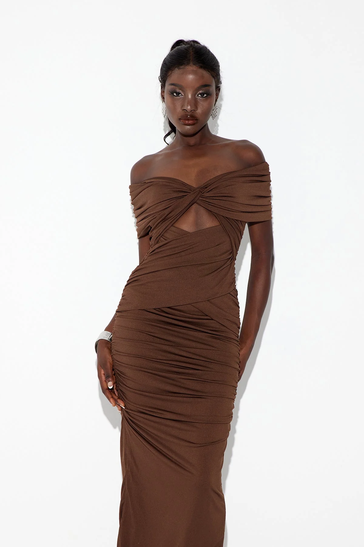 Brown Ruched Maxi Dress with Cutout Detail