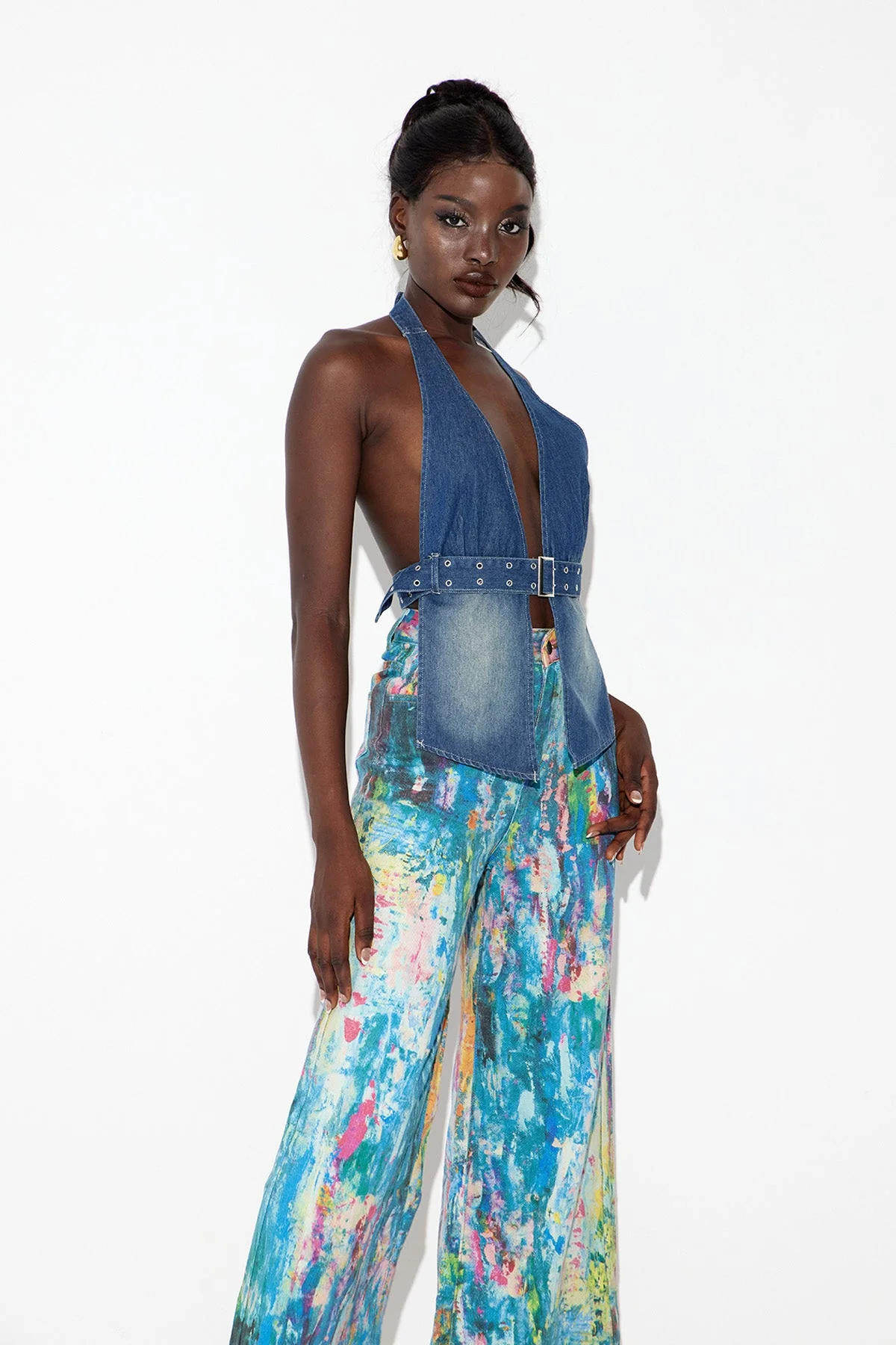 Denim Halter Neck Top with Adjustable Buckle - Versatile Day-to-Night Wear