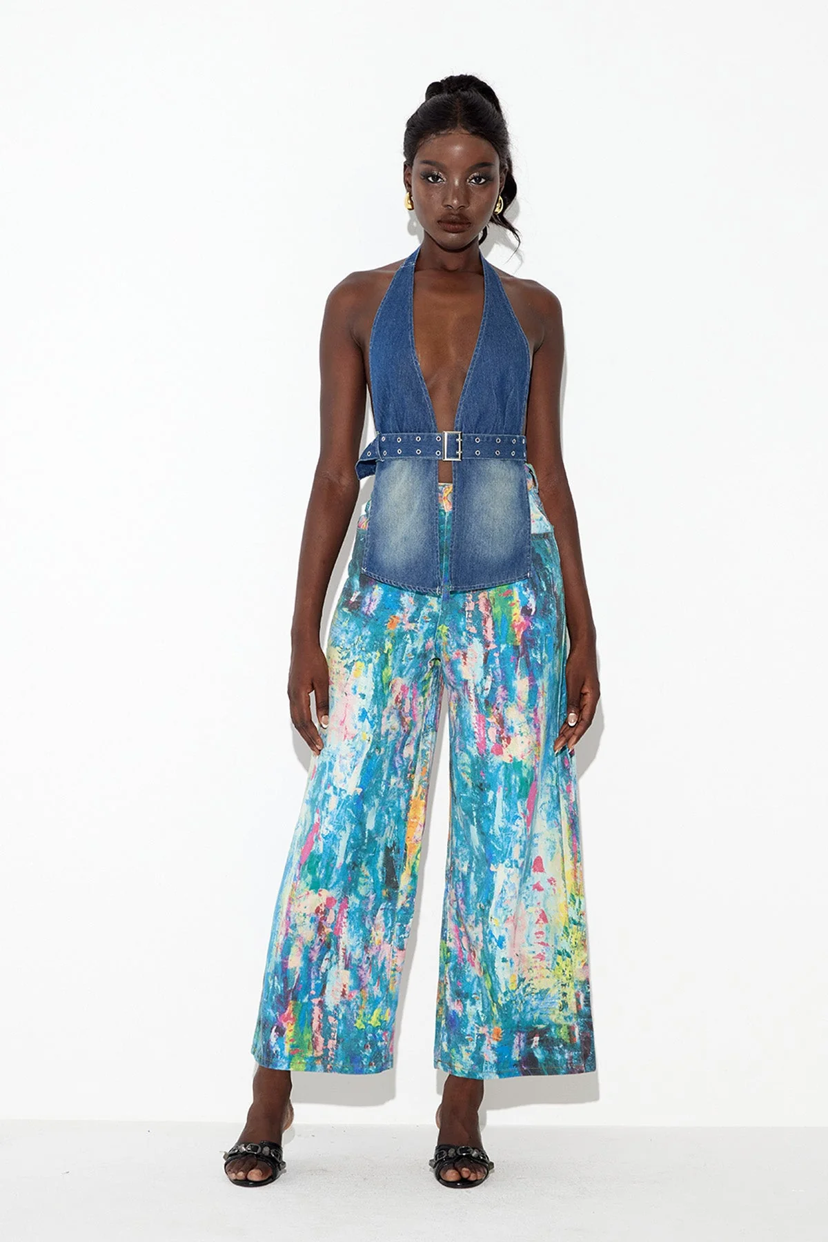 Denim Halter Neck Top with Adjustable Buckle - Versatile Day-to-Night Wear