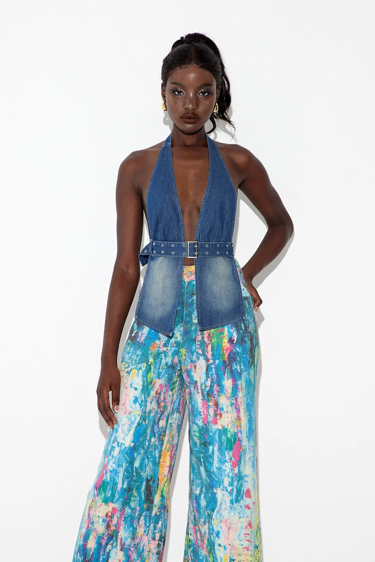 Denim Halter Neck Top with Adjustable Buckle - Versatile Day-to-Night Wear