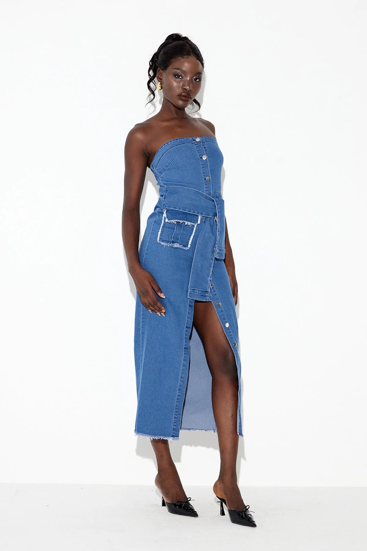 Denim Strapless Midi Dress - Elegant Bodycon Style
