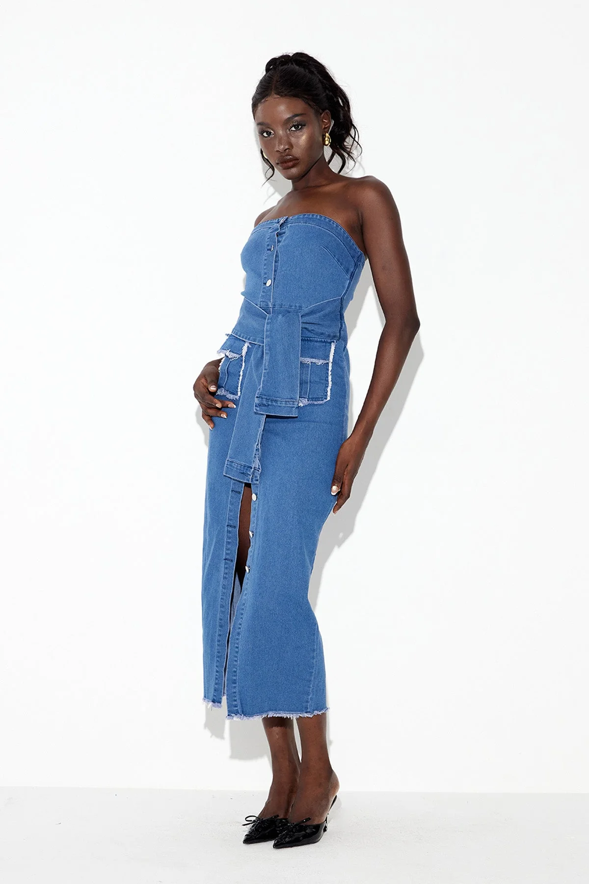 Denim Strapless Midi Dress - Elegant Bodycon Style