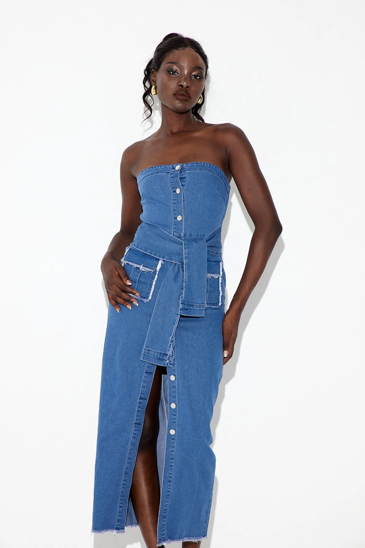Denim Strapless Midi Dress - Elegant Bodycon Style