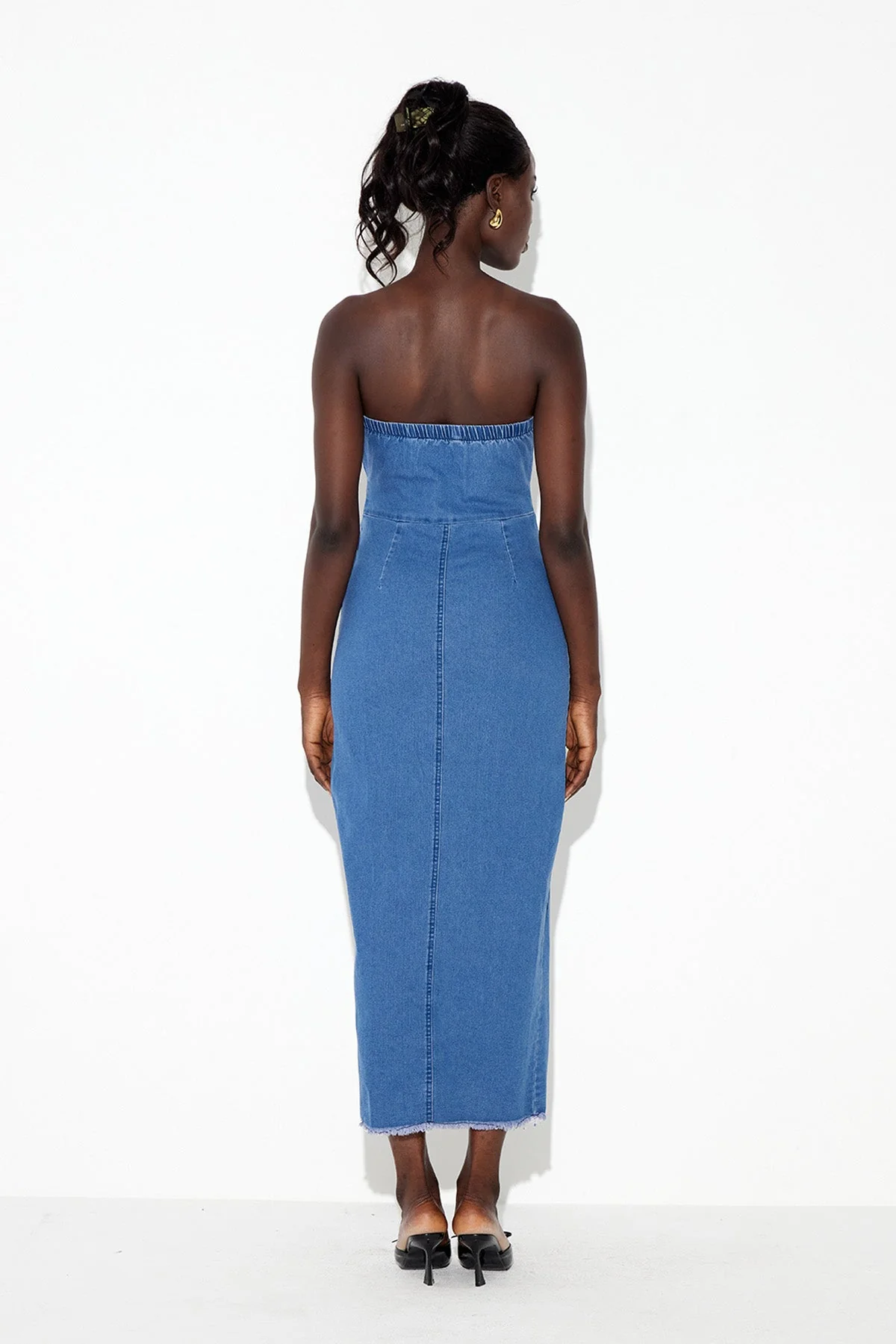 Denim Strapless Midi Dress - Elegant Bodycon Style