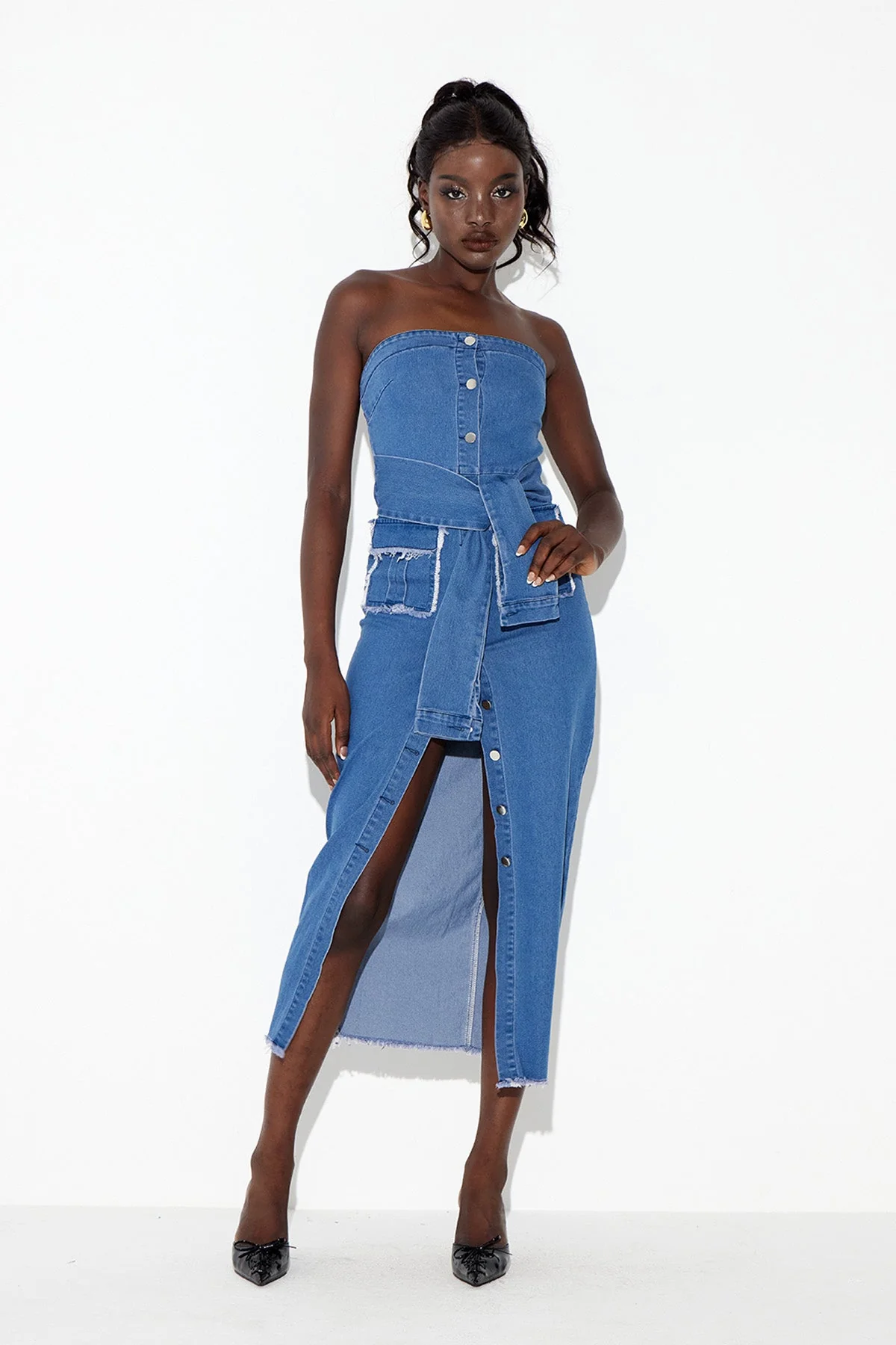 Denim Strapless Midi Dress - Elegant Bodycon Style