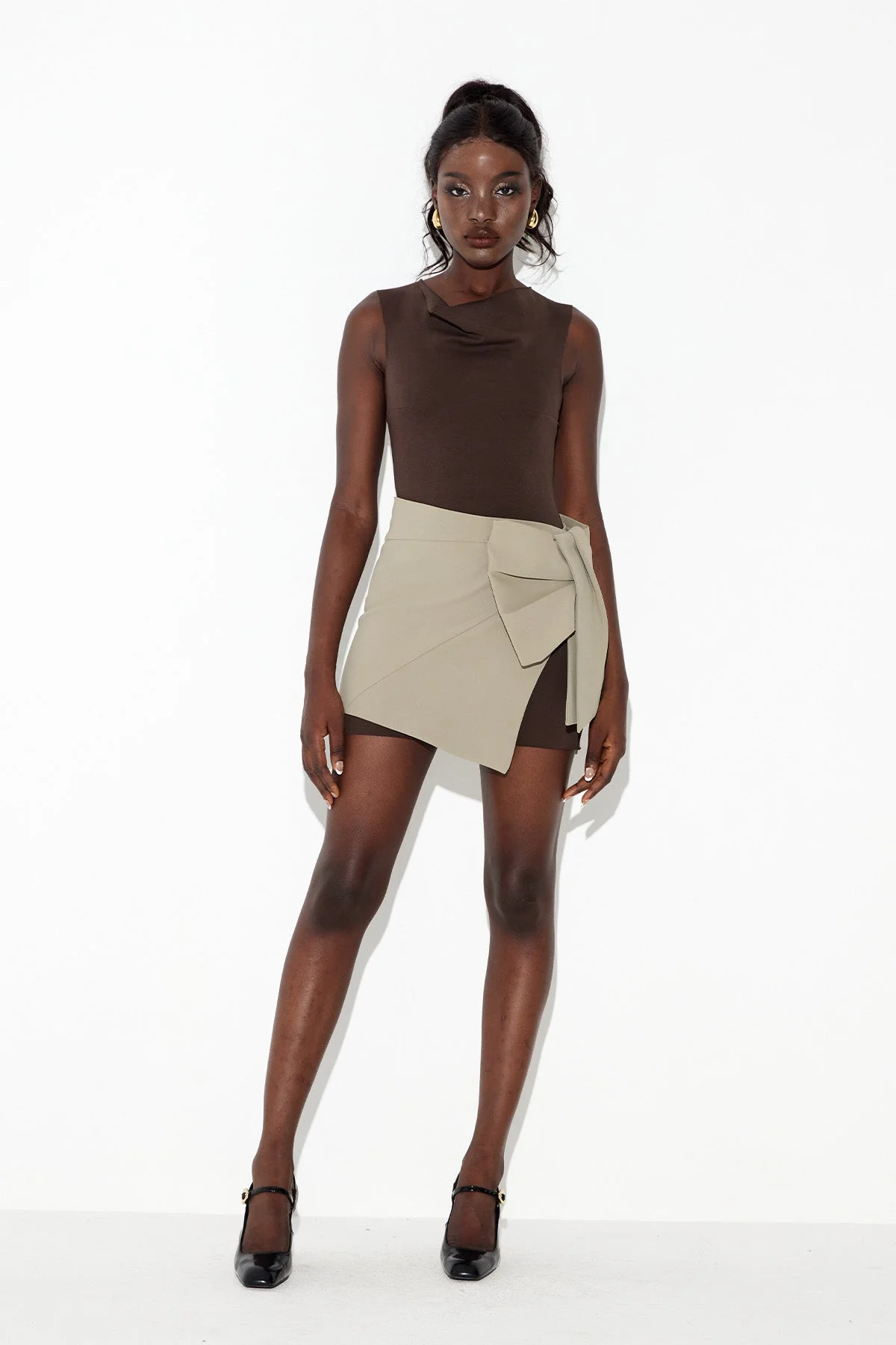 Brown Bow Detail Sleeveless Mini Dress
