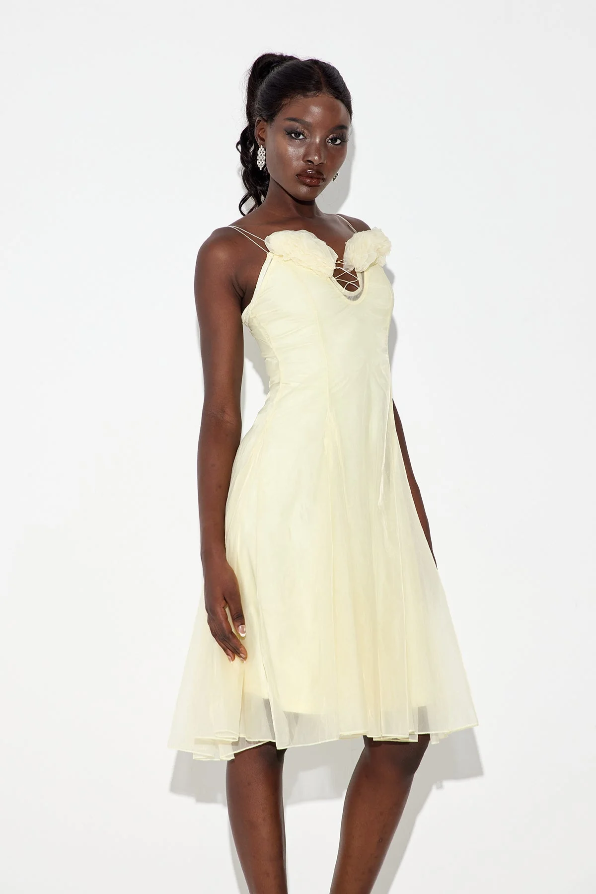 Yellow Floral Spaghetti Strap Midi Dress