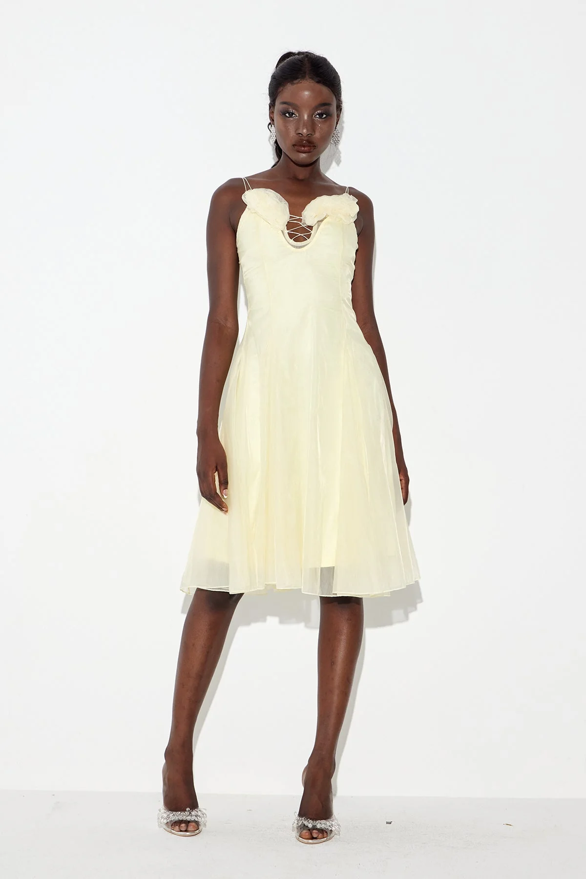 Yellow Floral Spaghetti Strap Midi Dress