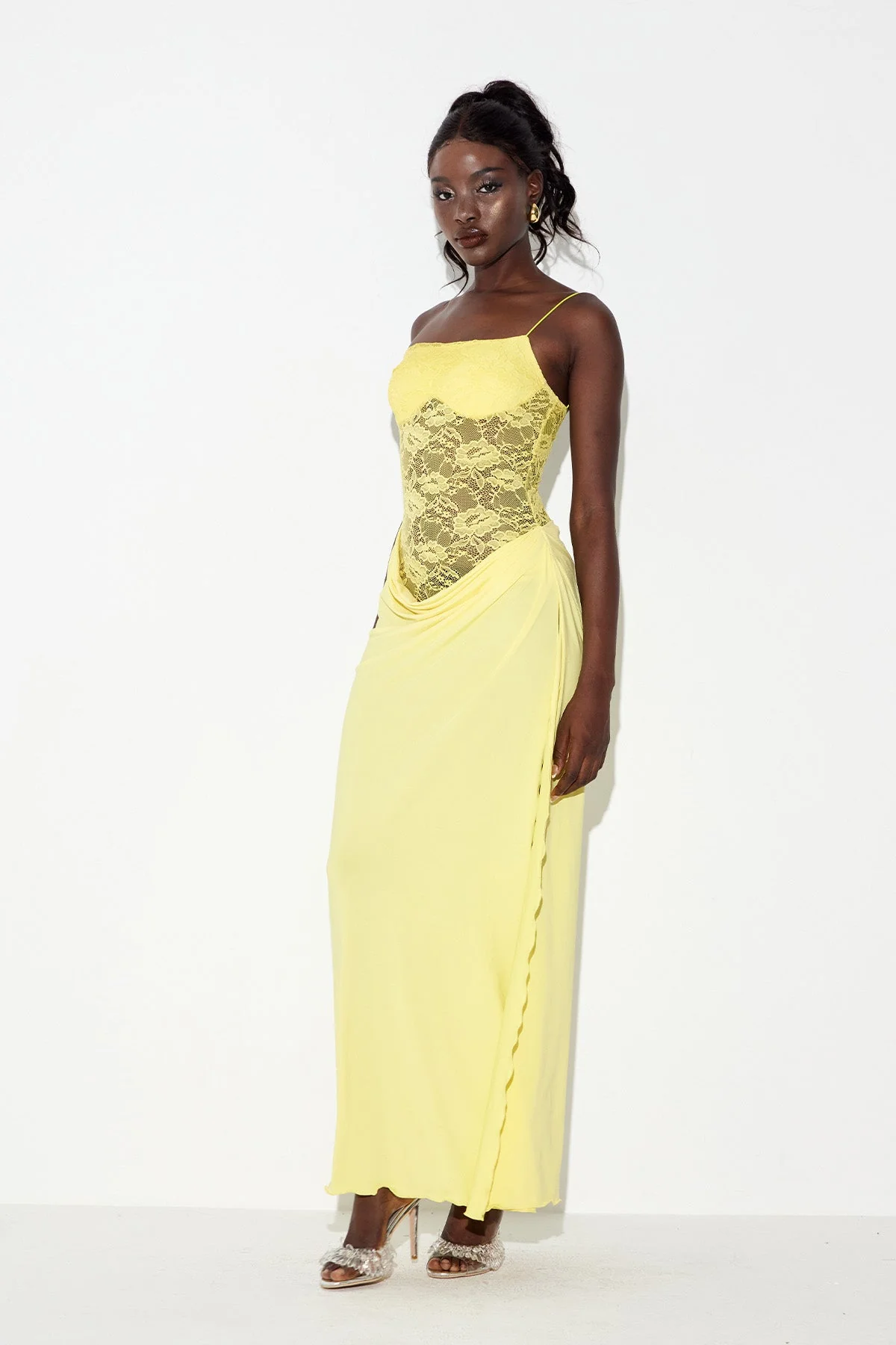 Yellow Lace Asymmetric Maxi Dress - Elegant Modern Design