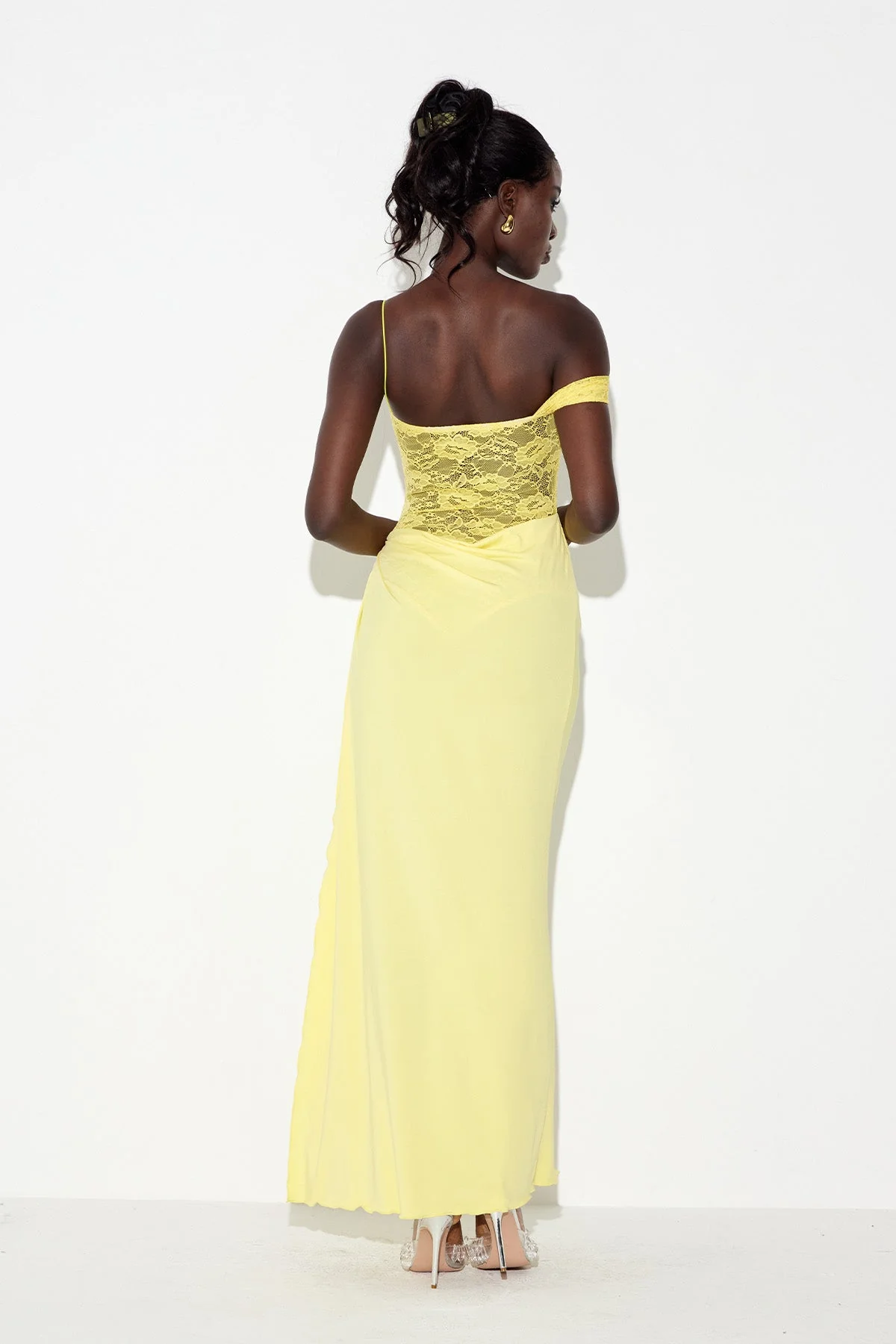 Yellow Lace Asymmetric Maxi Dress - Elegant Modern Design