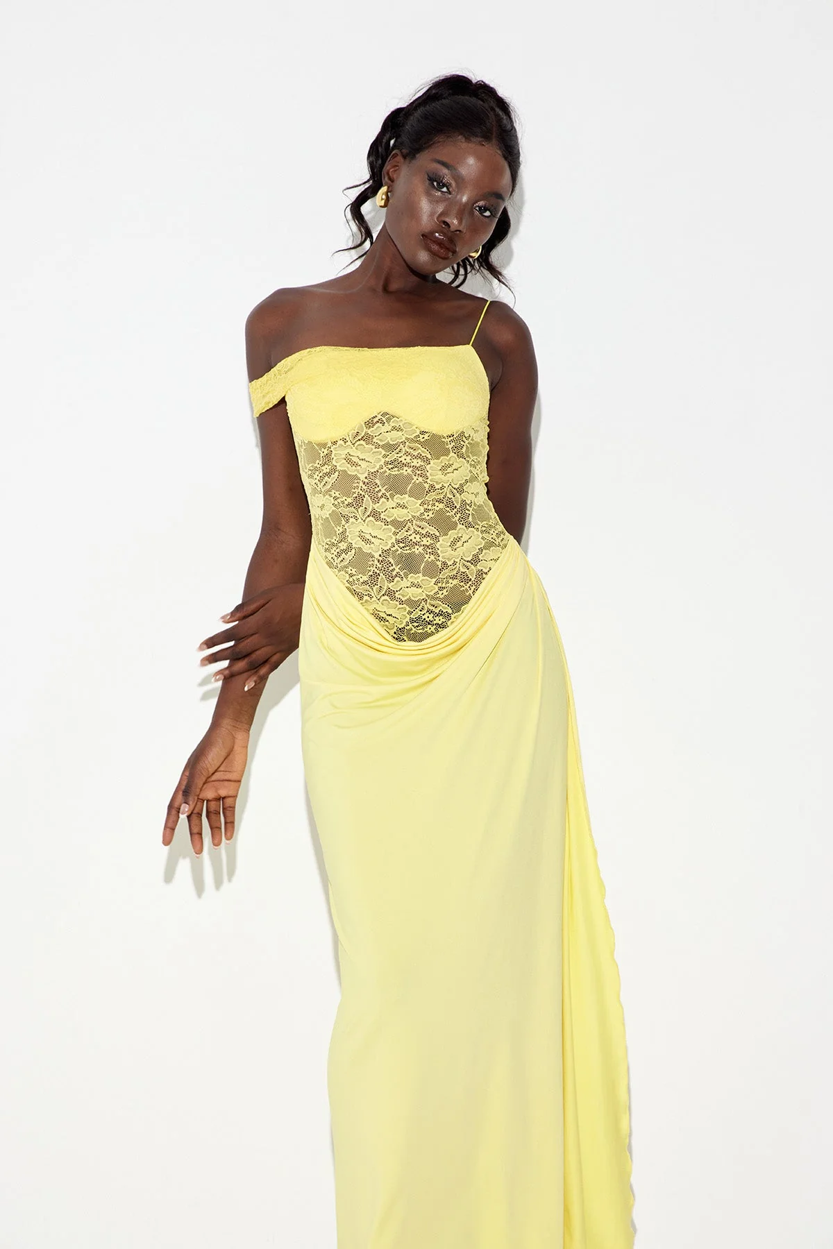 Yellow Lace Asymmetric Maxi Dress - Elegant Modern Design