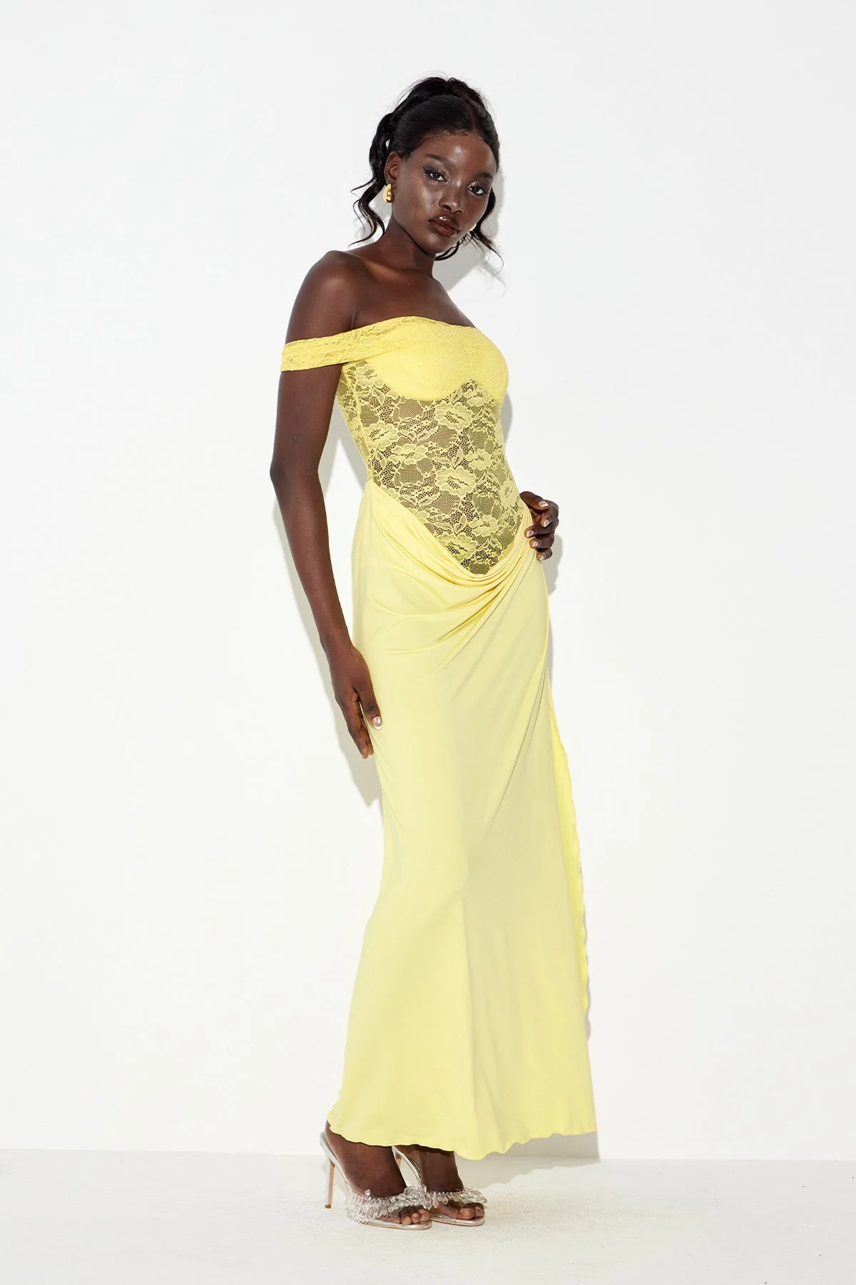 Yellow Lace Asymmetric Maxi Dress - Elegant Modern Design