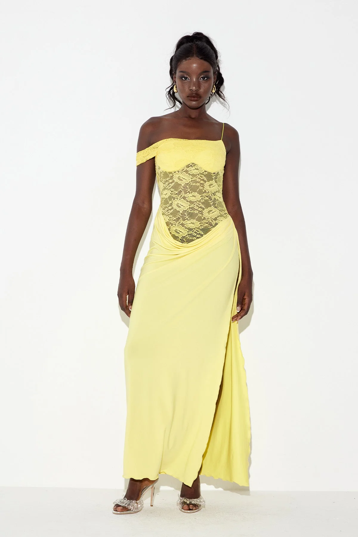Yellow Lace Asymmetric Maxi Dress - Elegant Modern Design
