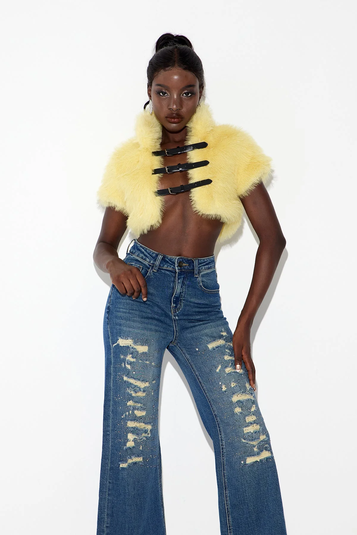 Luxurious Yellow Faux Fur Cutout Crop Top