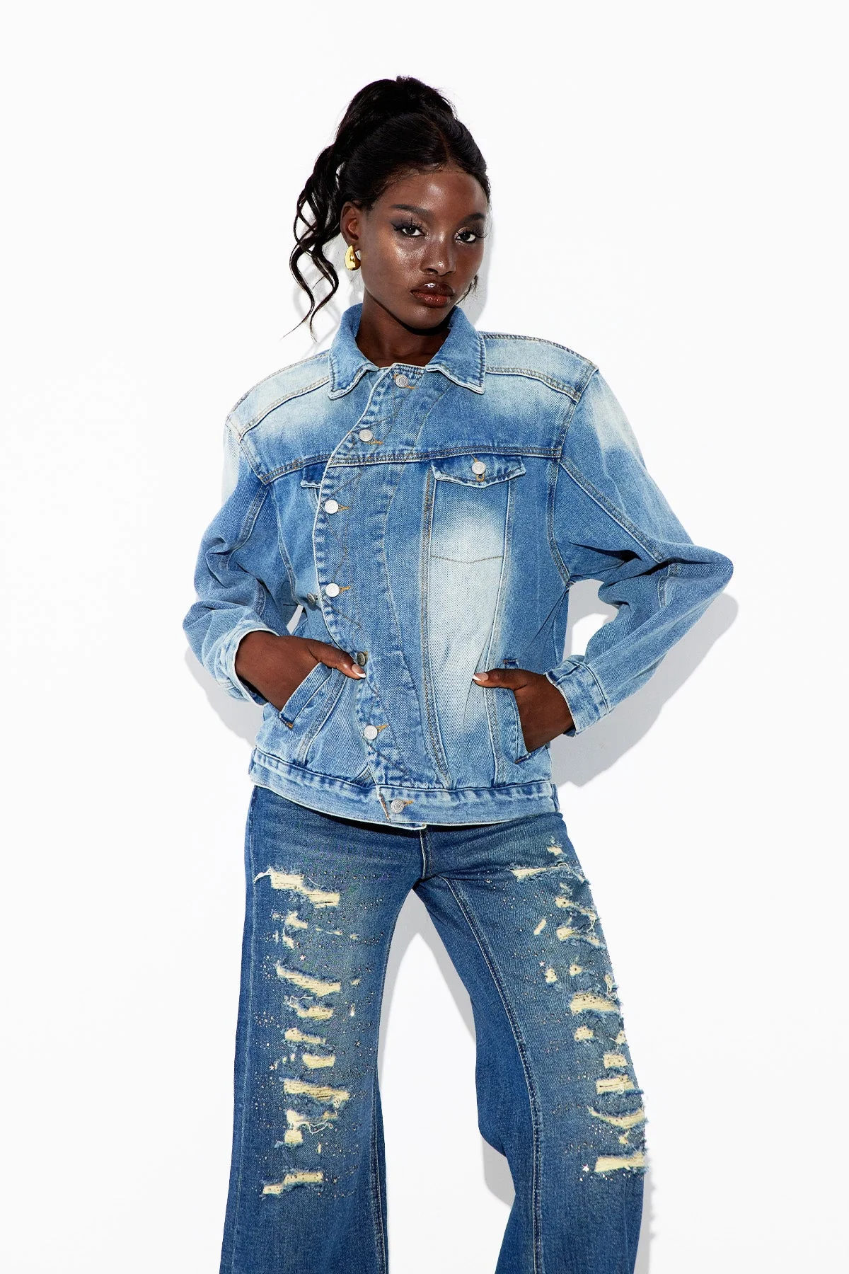 Deconstruct Blue Denim Jacket with Asymmetrical Design