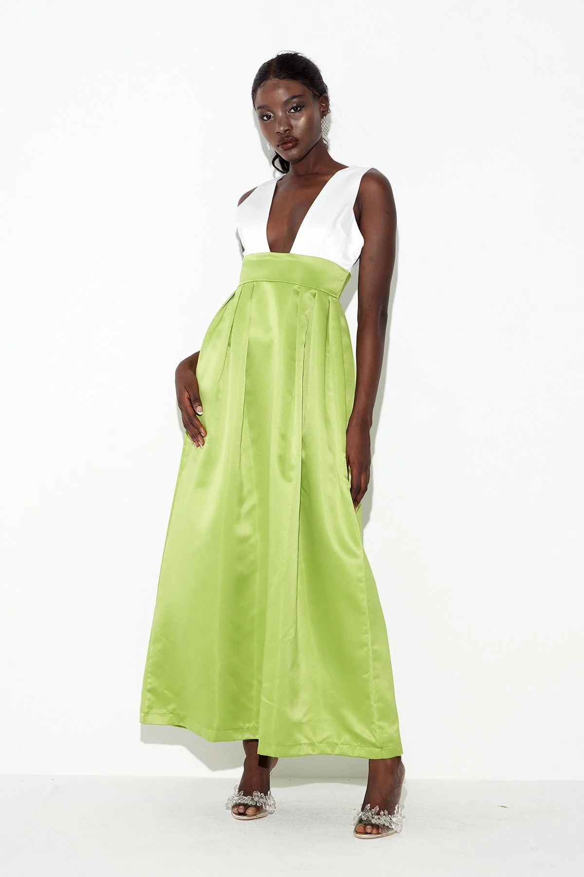 Green Satin Plunge Maxi Dress for Elegant Events