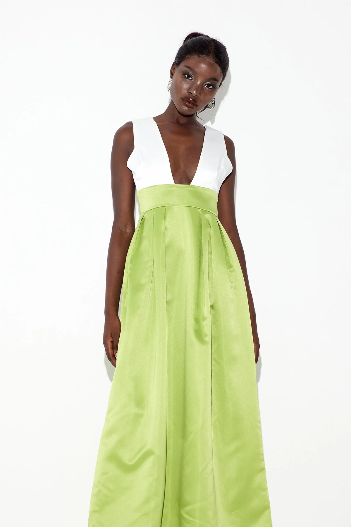 Green Satin Plunge Maxi Dress for Elegant Events