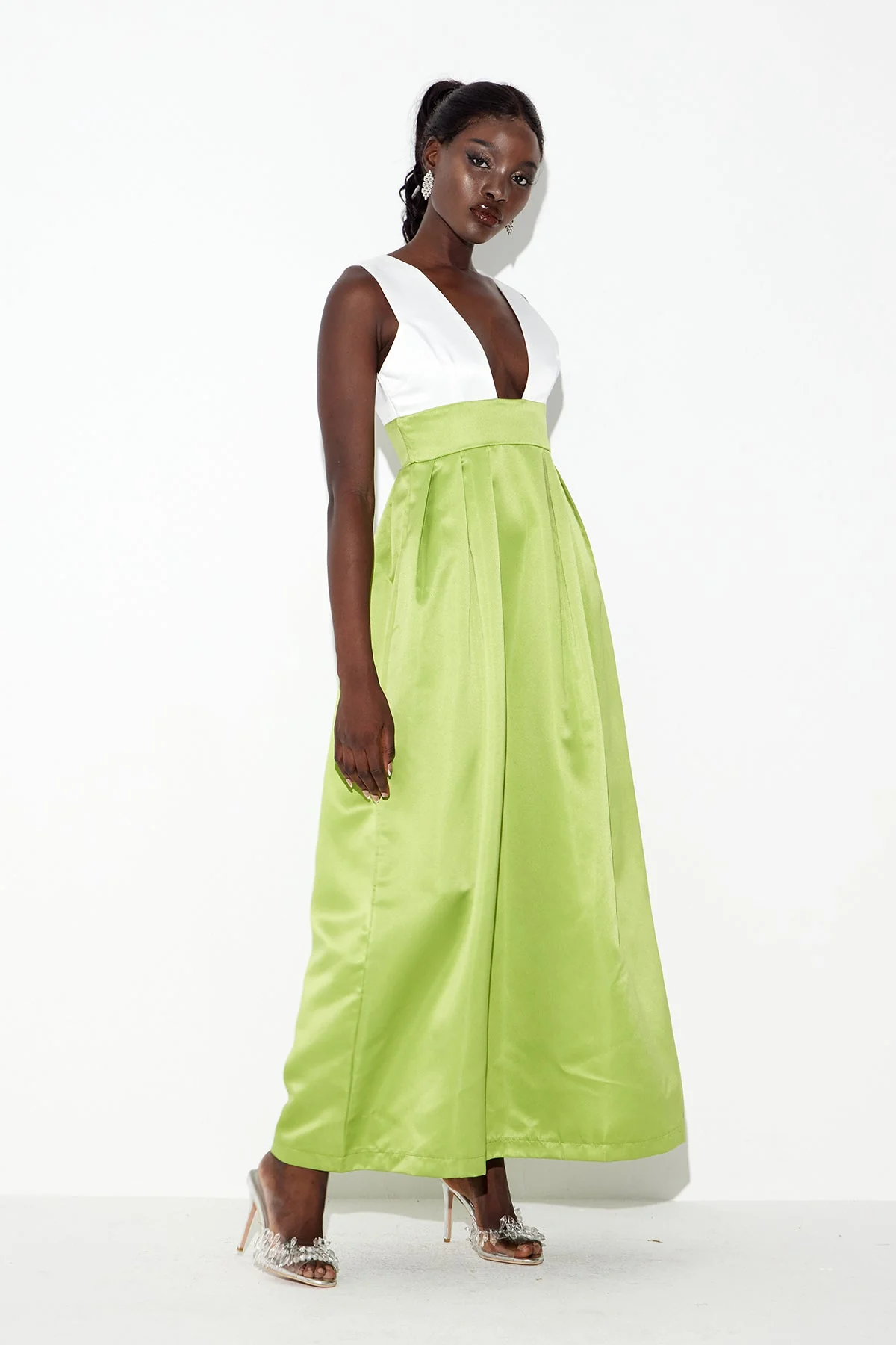 Green Satin Plunge Maxi Dress for Elegant Events