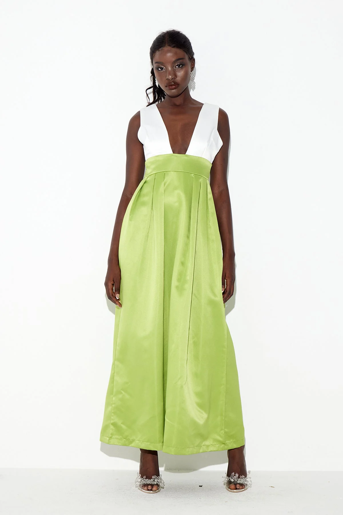 Green Satin Plunge Maxi Dress for Elegant Events